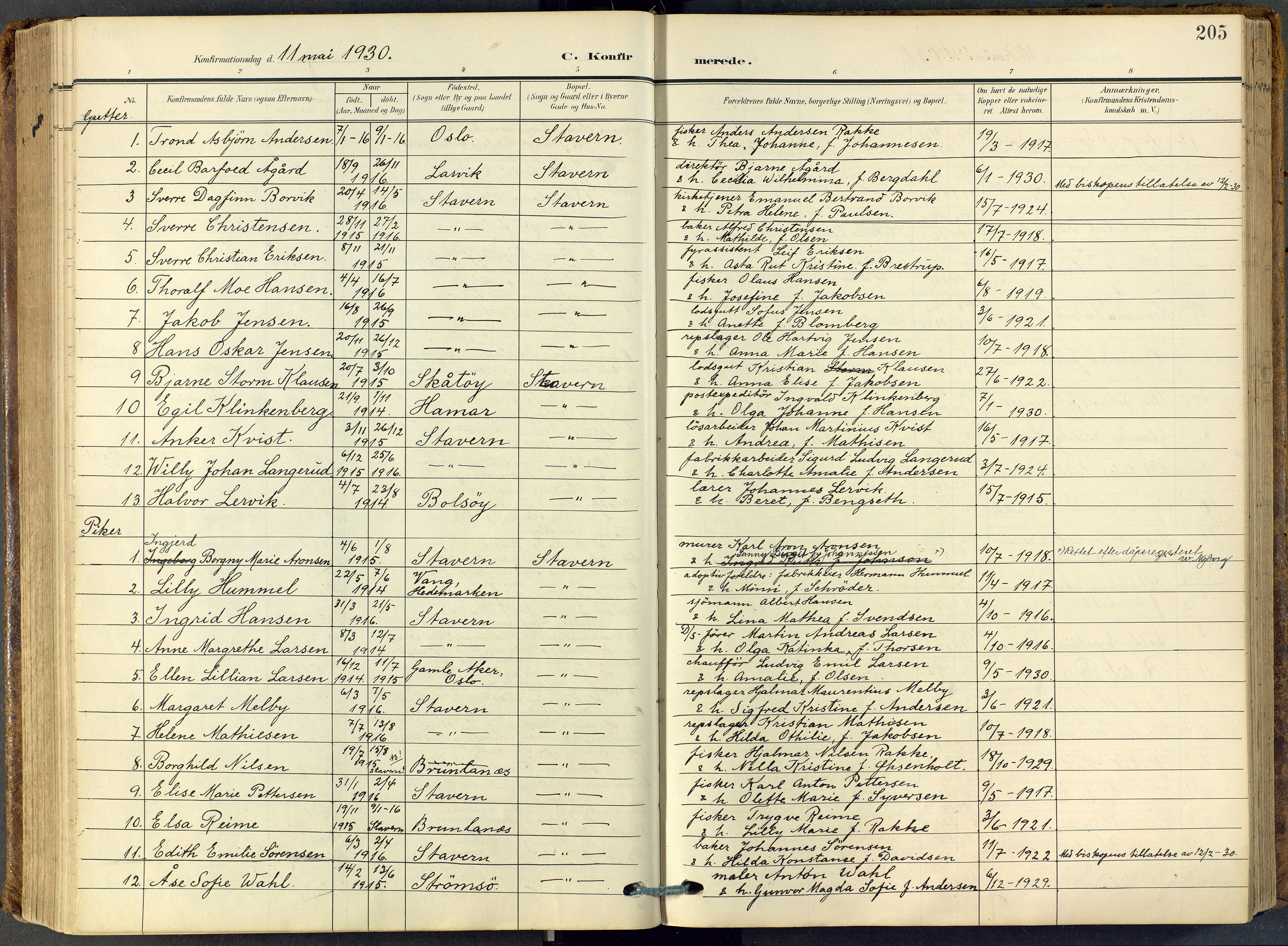 Stavern kirkebøker, SAKO/A-318/F/Fa/L0009: Parish register (official) no. 9, 1906-1955, p. 205