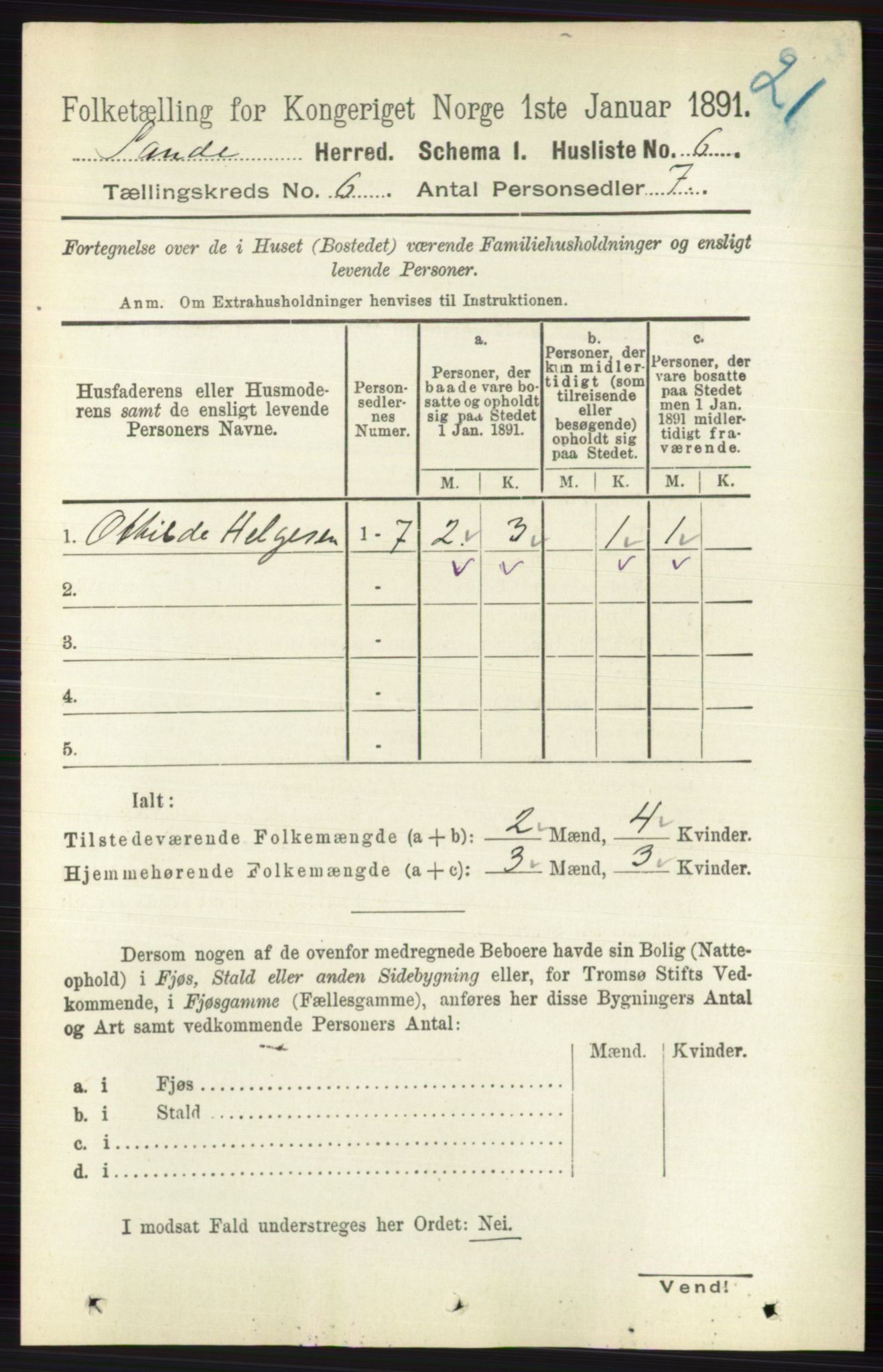 RA, 1891 census for 0713 Sande, 1891, p. 2615