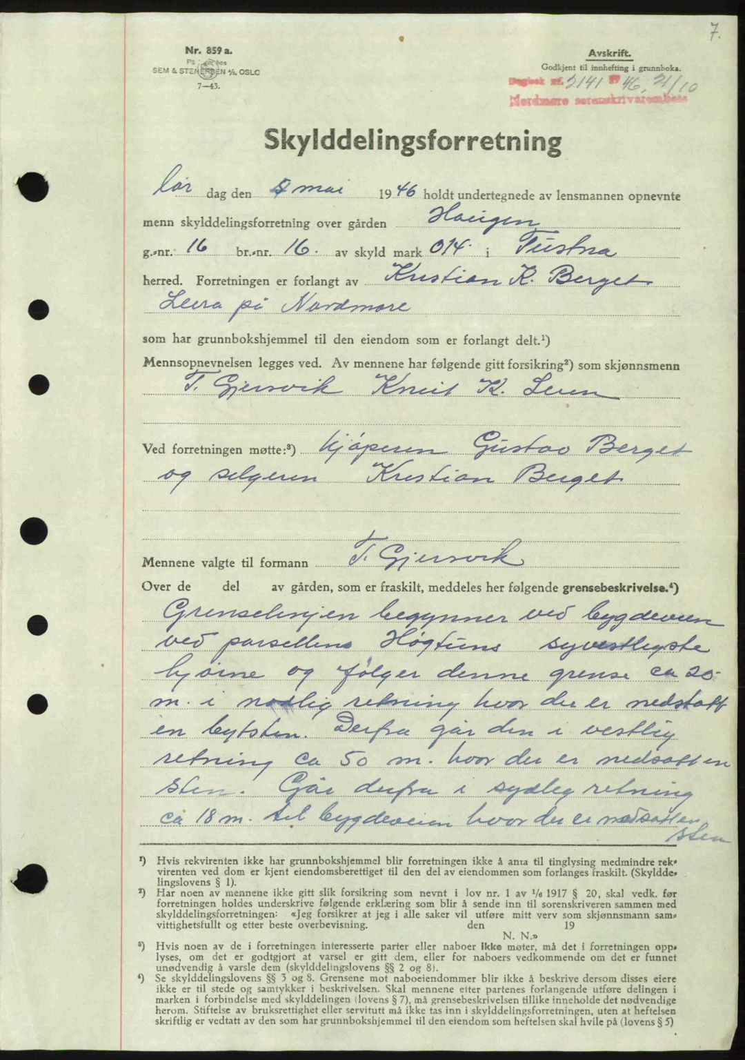 Nordmøre sorenskriveri, AV/SAT-A-4132/1/2/2Ca: Mortgage book no. A103, 1946-1947, Diary no: : 2141/1946