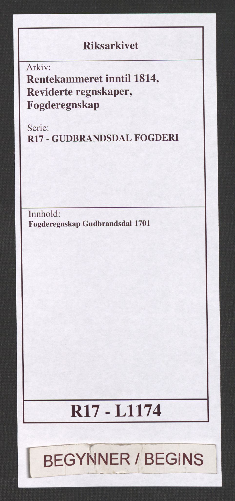 Rentekammeret inntil 1814, Reviderte regnskaper, Fogderegnskap, RA/EA-4092/R17/L1174: Fogderegnskap Gudbrandsdal, 1701, p. 1