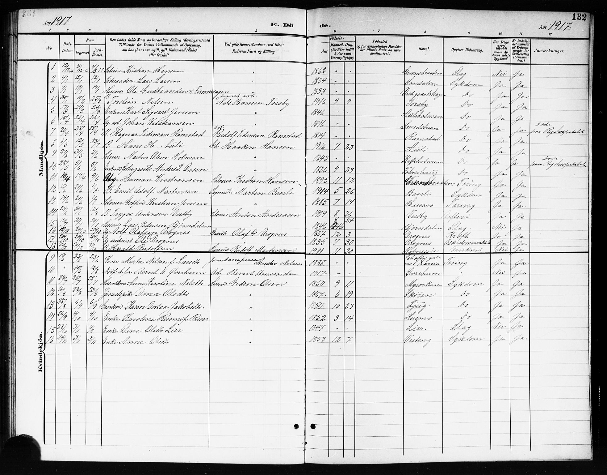 Nes prestekontor Kirkebøker, AV/SAO-A-10410/G/Gc/L0001: Parish register (copy) no. III 1, 1901-1917, p. 132