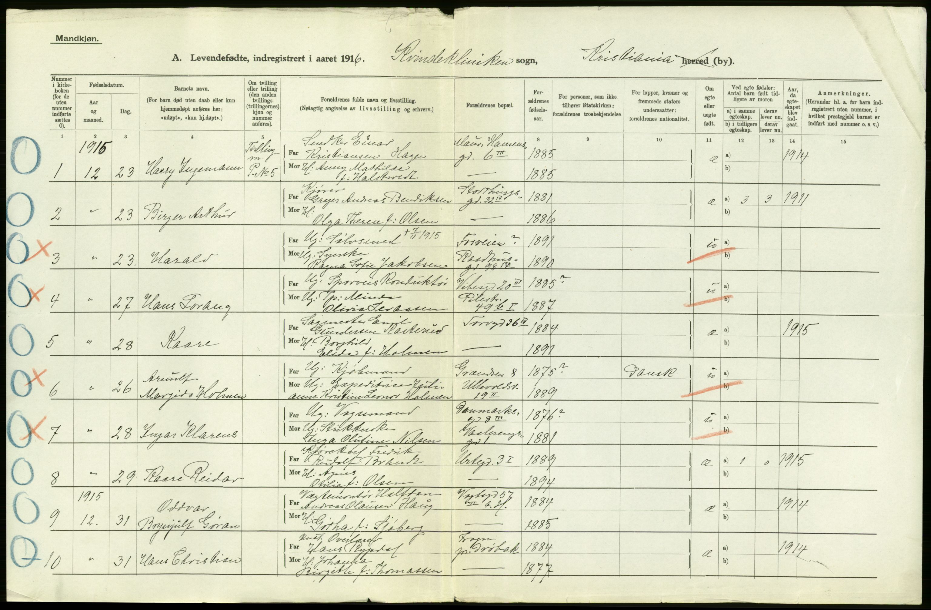 Statistisk sentralbyrå, Sosiodemografiske emner, Befolkning, AV/RA-S-2228/D/Df/Dfb/Dfbf/L0007: Kristiania: Levendefødte menn og kvinner., 1916, p. 2