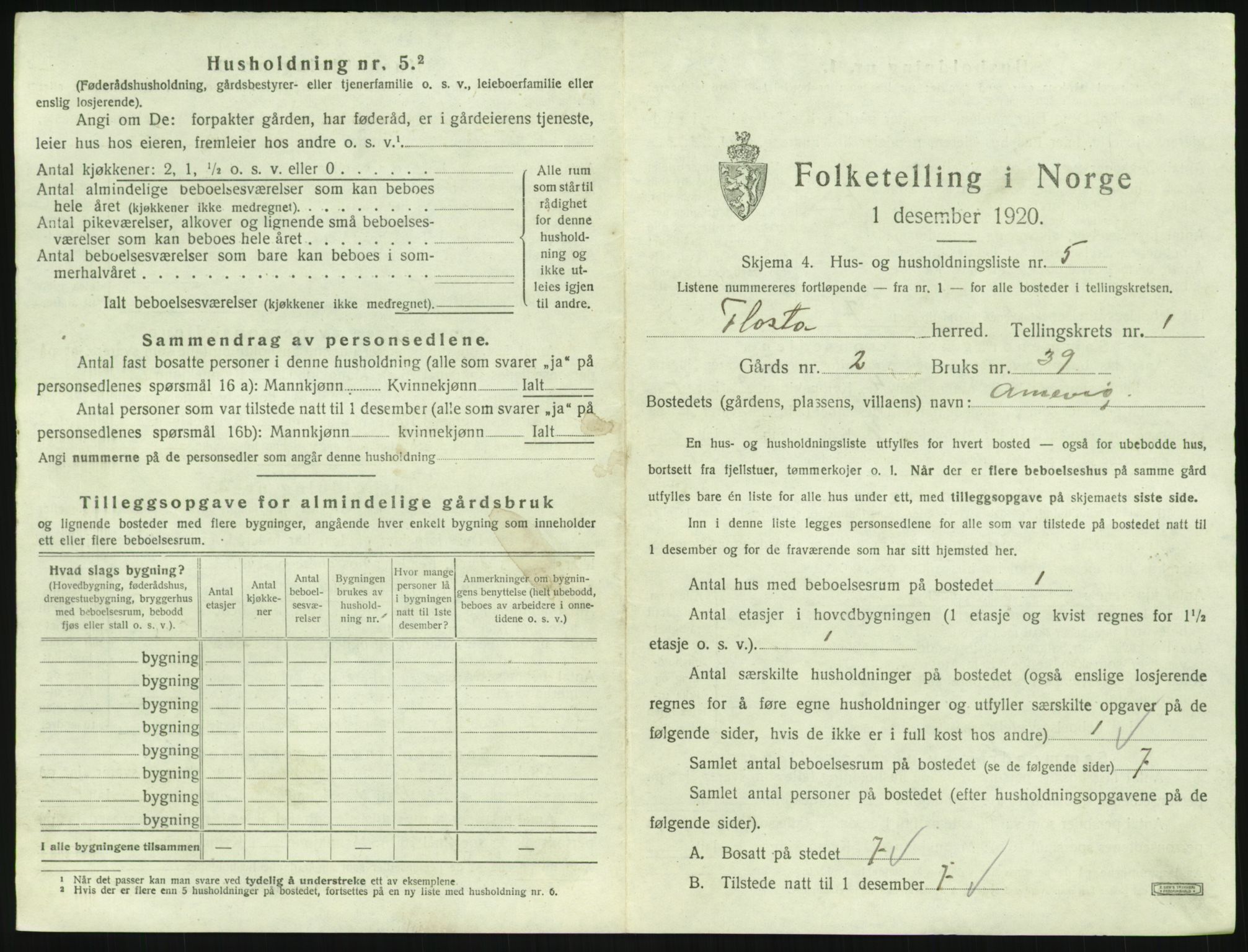 SAK, 1920 census for Flosta, 1920, p. 36