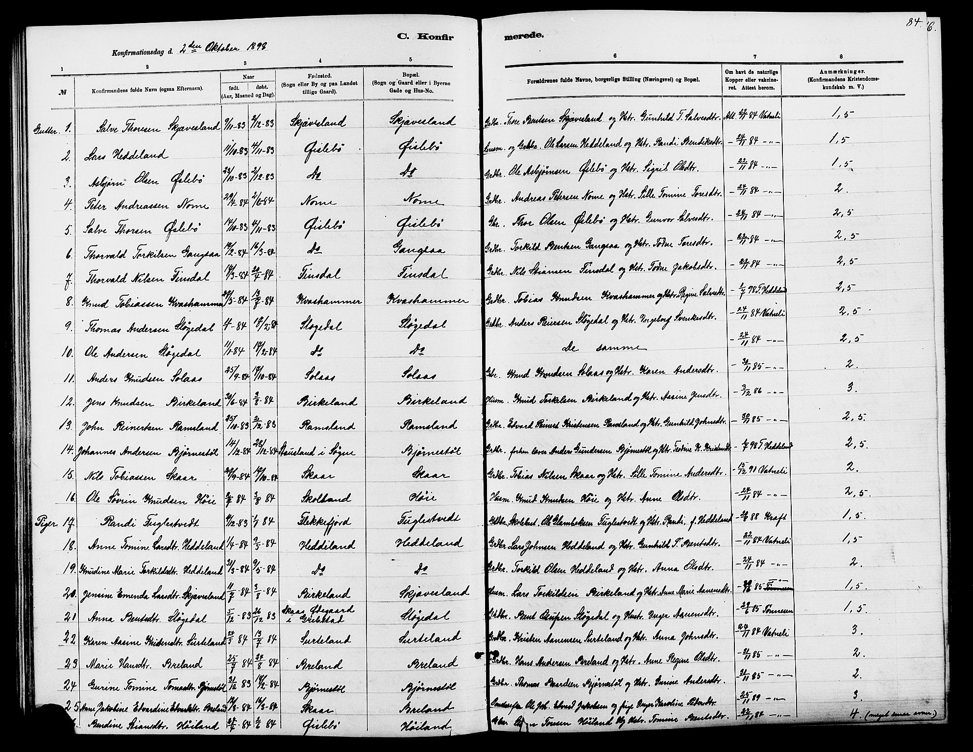 Holum sokneprestkontor, SAK/1111-0022/F/Fb/Fbc/L0003: Parish register (copy) no. B 3, 1882-1908, p. 84