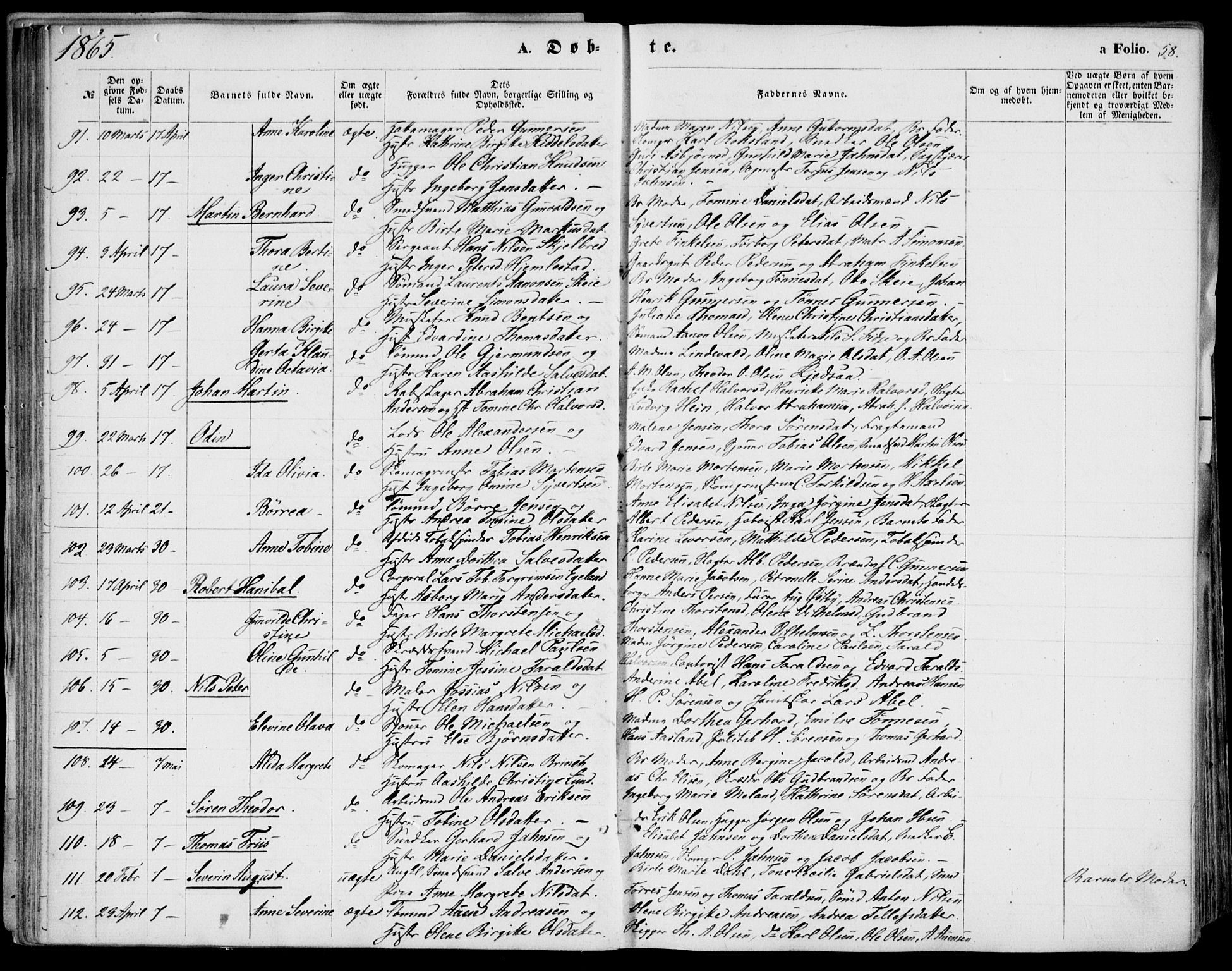 Kristiansand domprosti, SAK/1112-0006/F/Fb/L0012: Parish register (copy) no. B 12, 1861-1870, p. 58