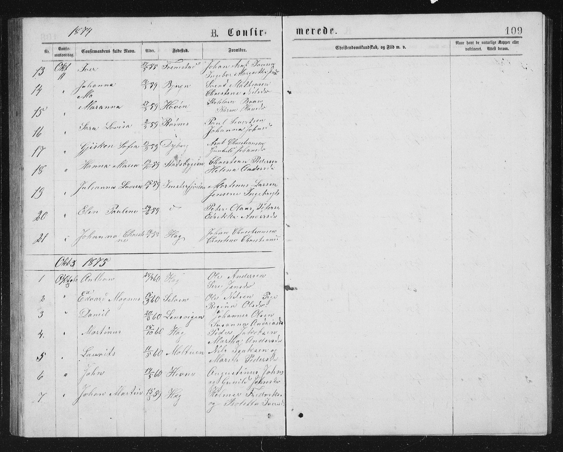 Ministerialprotokoller, klokkerbøker og fødselsregistre - Sør-Trøndelag, AV/SAT-A-1456/662/L0756: Parish register (copy) no. 662C01, 1869-1891, p. 109