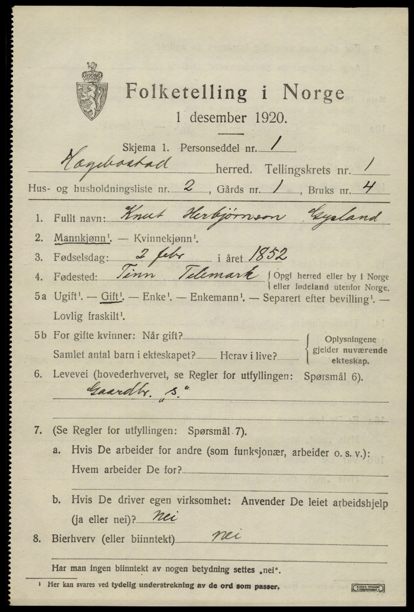 SAK, 1920 census for Hægebostad, 1920, p. 521