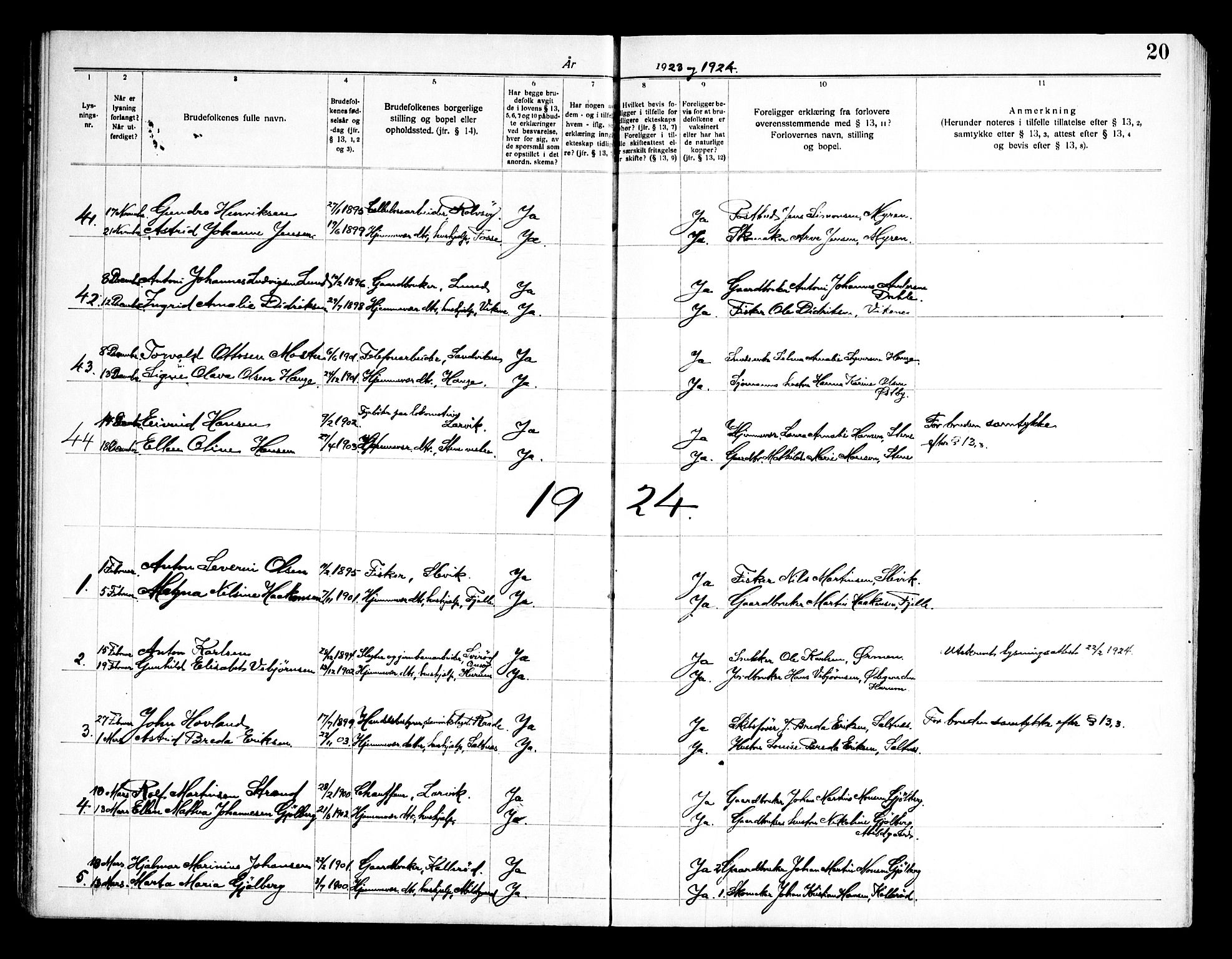 Onsøy prestekontor Kirkebøker, AV/SAO-A-10914/H/Ha/L0001: Banns register no. I 1, 1919-1956, p. 20