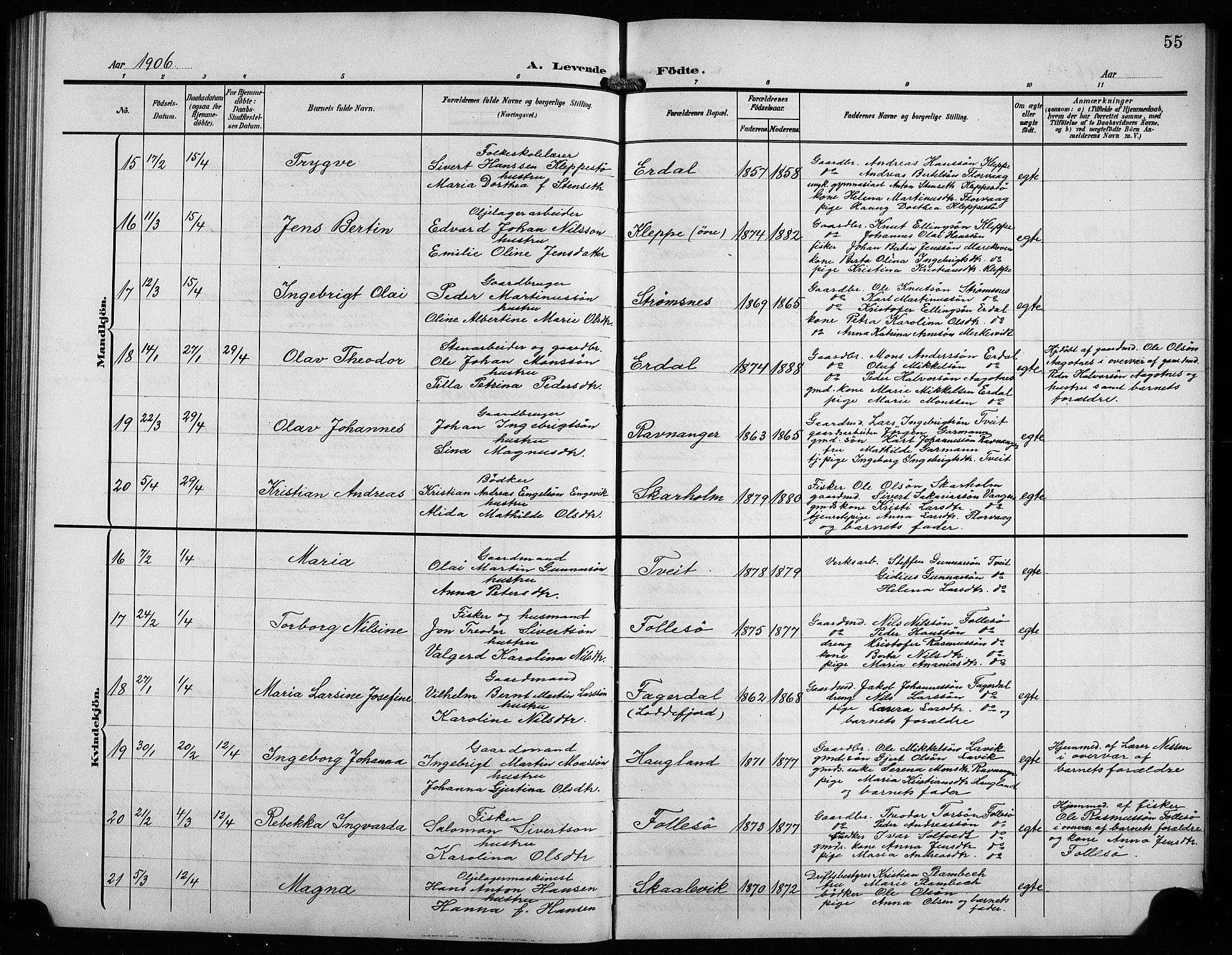 Askøy Sokneprestembete, AV/SAB-A-74101/H/Ha/Hab/Haba/L0010: Parish register (copy) no. A 10, 1903-1907, p. 55