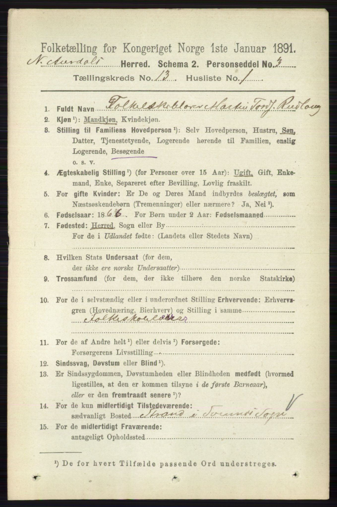 RA, 1891 census for 0542 Nord-Aurdal, 1891, p. 4763