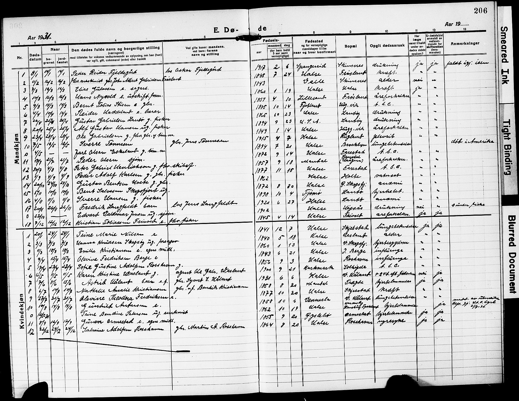 Mandal sokneprestkontor, SAK/1111-0030/F/Fb/Fba/L0013: Parish register (copy) no. B 7, 1918-1931, p. 206