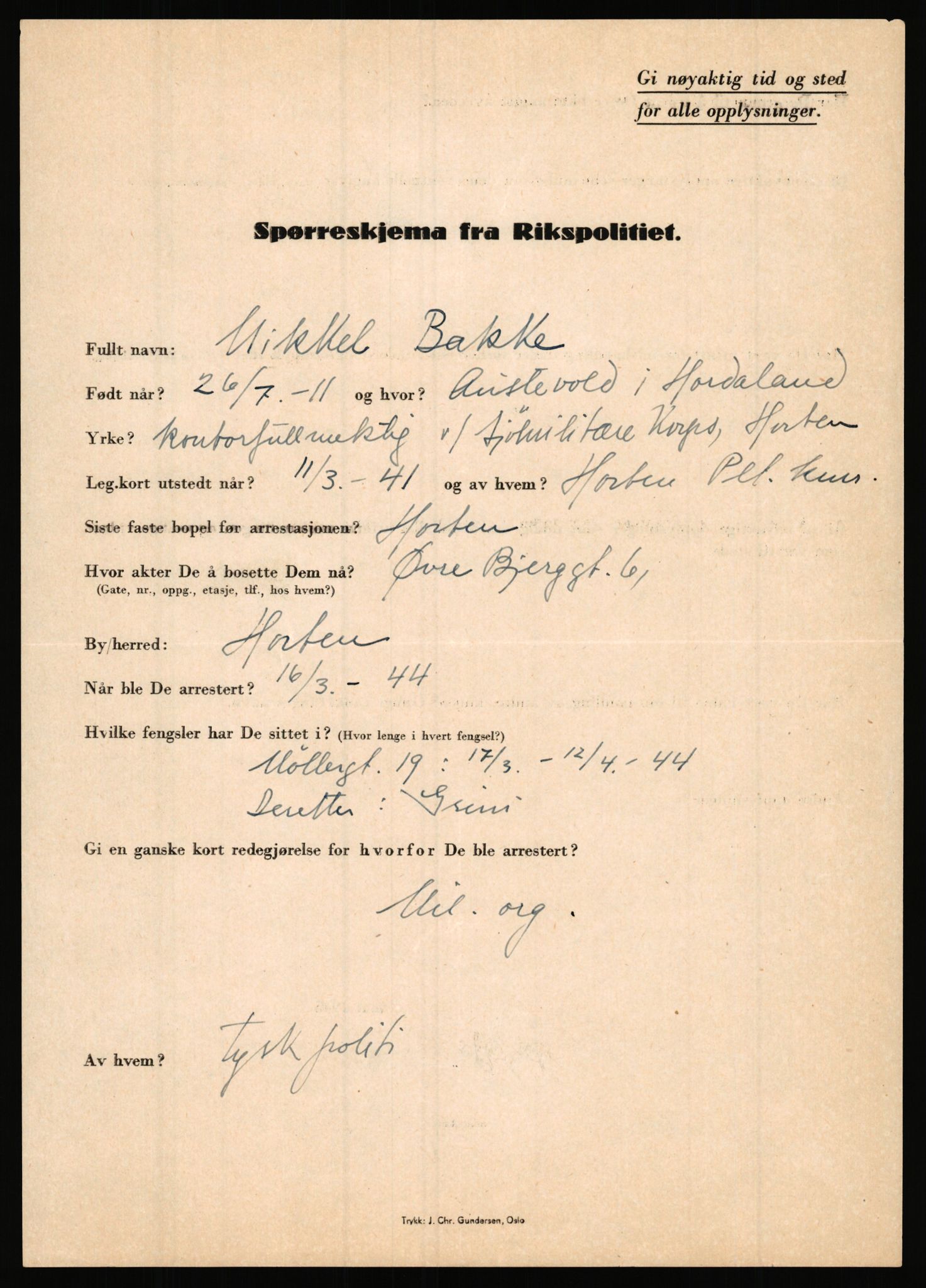 Rikspolitisjefen, AV/RA-S-1560/L/L0001: Abelseth, Rudolf - Berentsen, Odd, 1940-1945, p. 1109