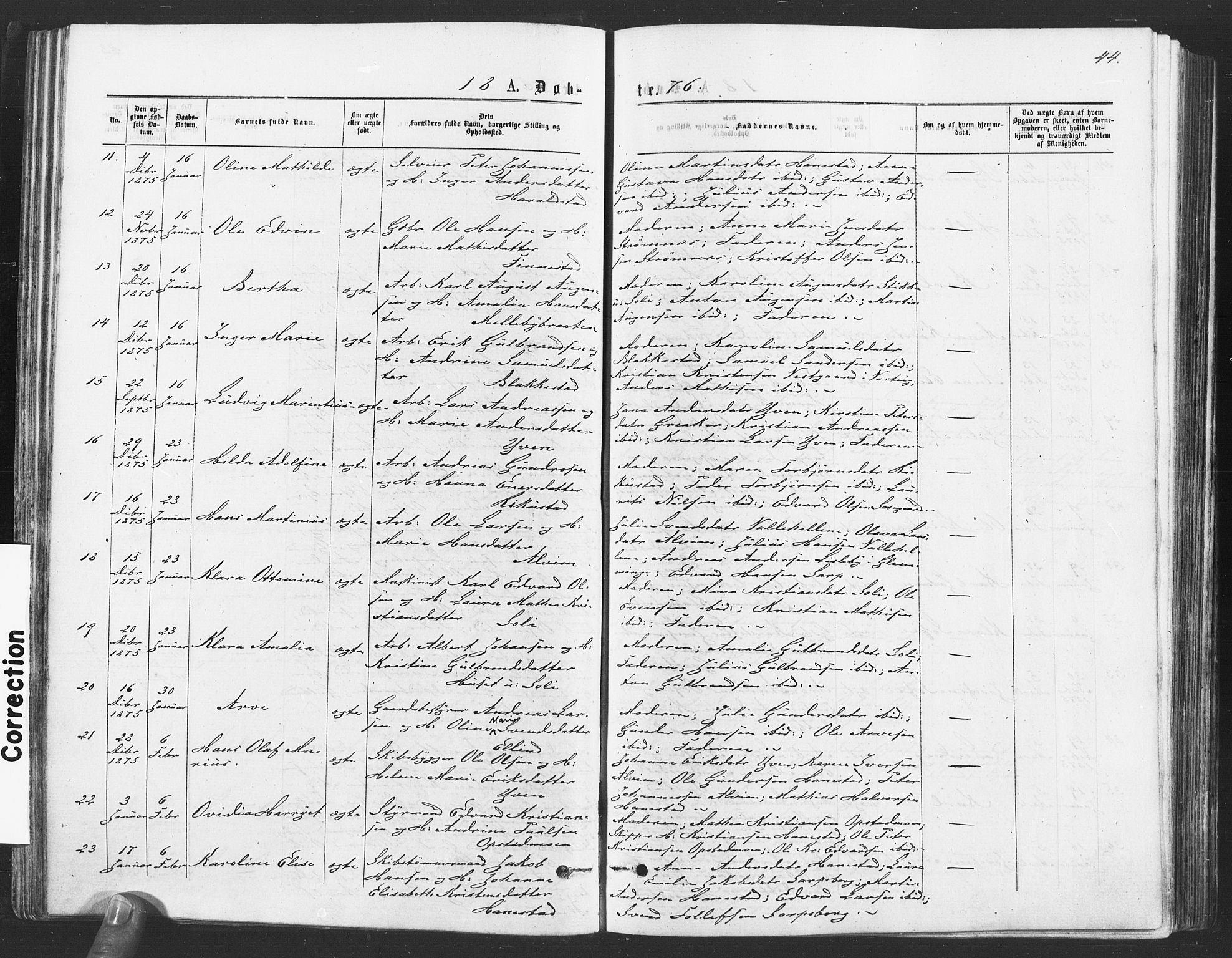 Tune prestekontor Kirkebøker, SAO/A-2007/F/Fa/L0016: Parish register (official) no. 16, 1874-1877, p. 44