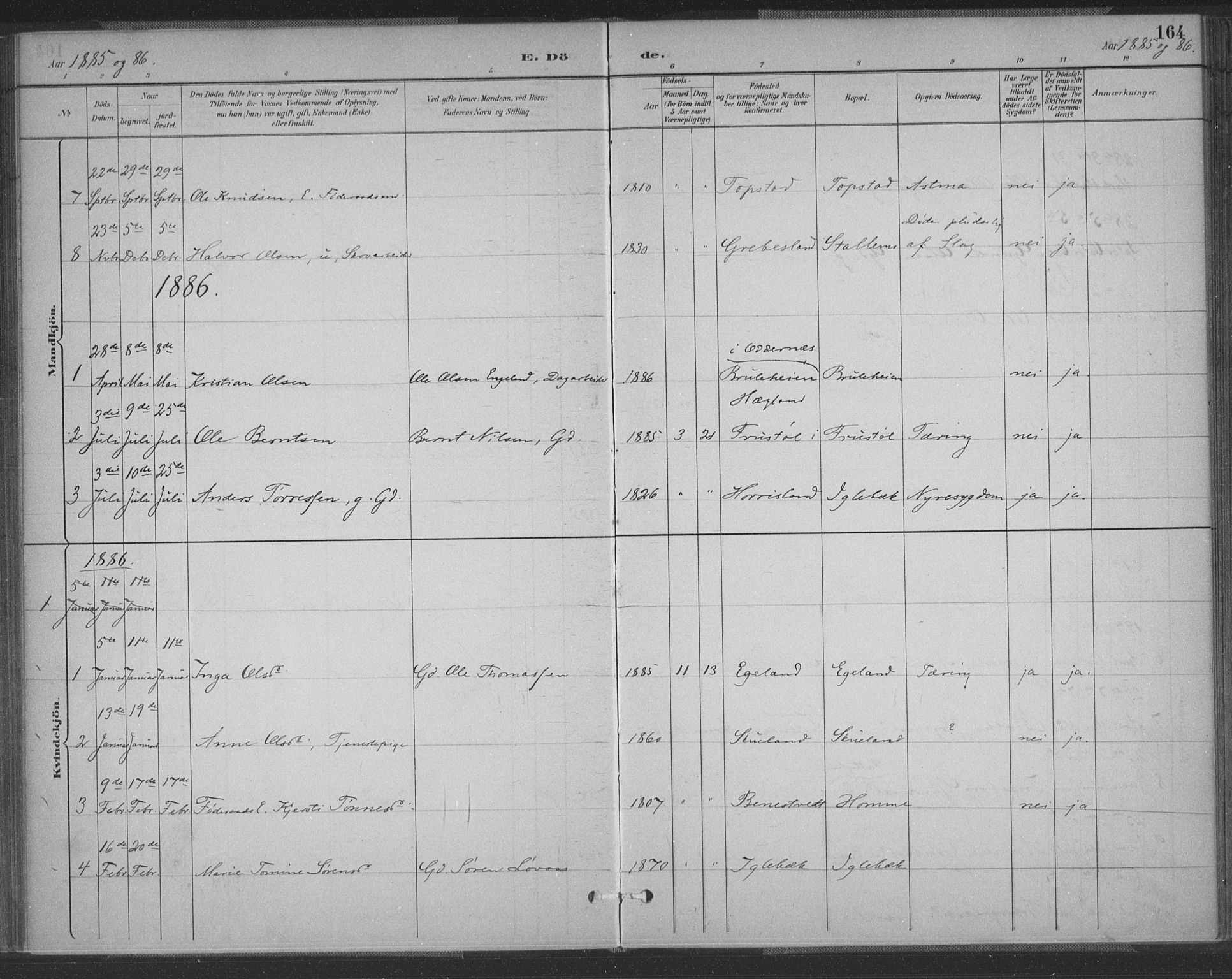 Vennesla sokneprestkontor, SAK/1111-0045/Fa/Fac/L0009: Parish register (official) no. A 9, 1884-1901, p. 164