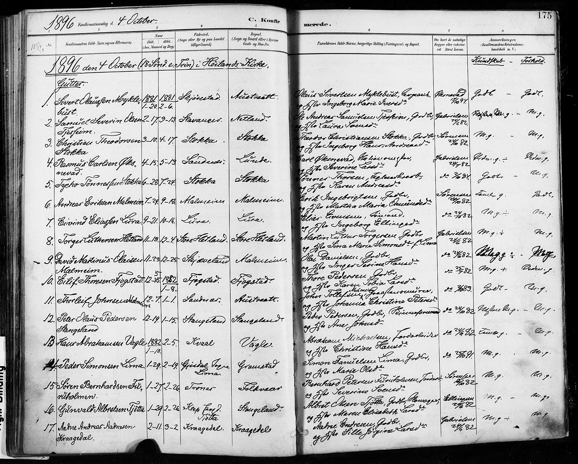 Høyland sokneprestkontor, AV/SAST-A-101799/001/30BA/L0013: Parish register (official) no. A 13.1, 1889-1898, p. 175