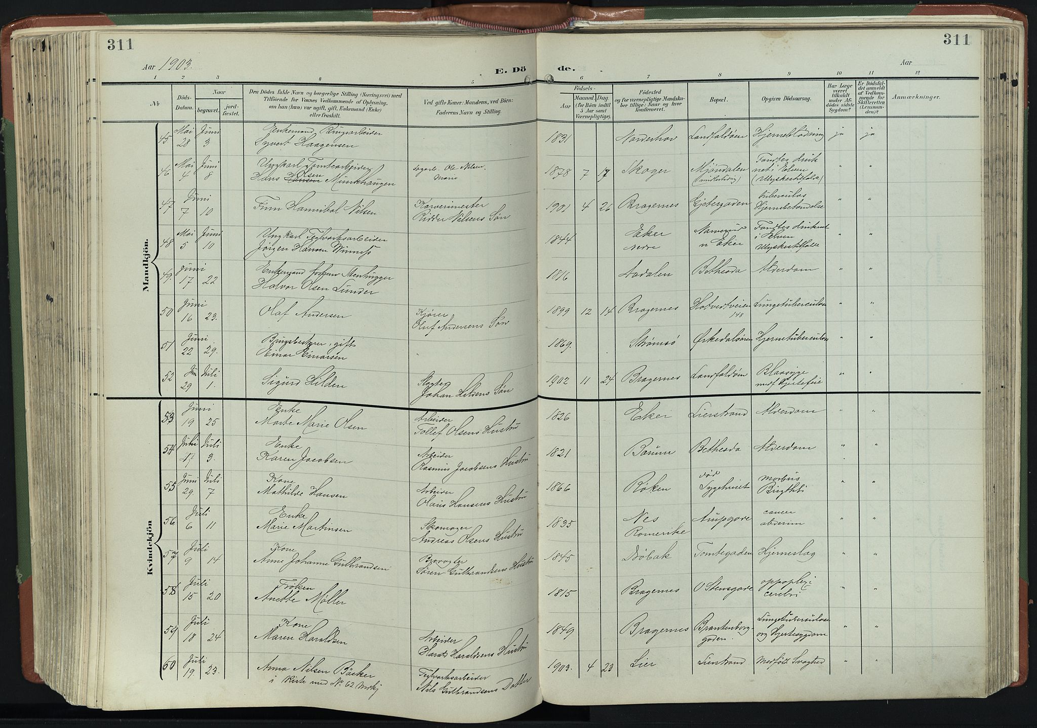 Bragernes kirkebøker, AV/SAKO-A-6/F/Fb/L0009: Parish register (official) no. II 9, 1902-1911, p. 311