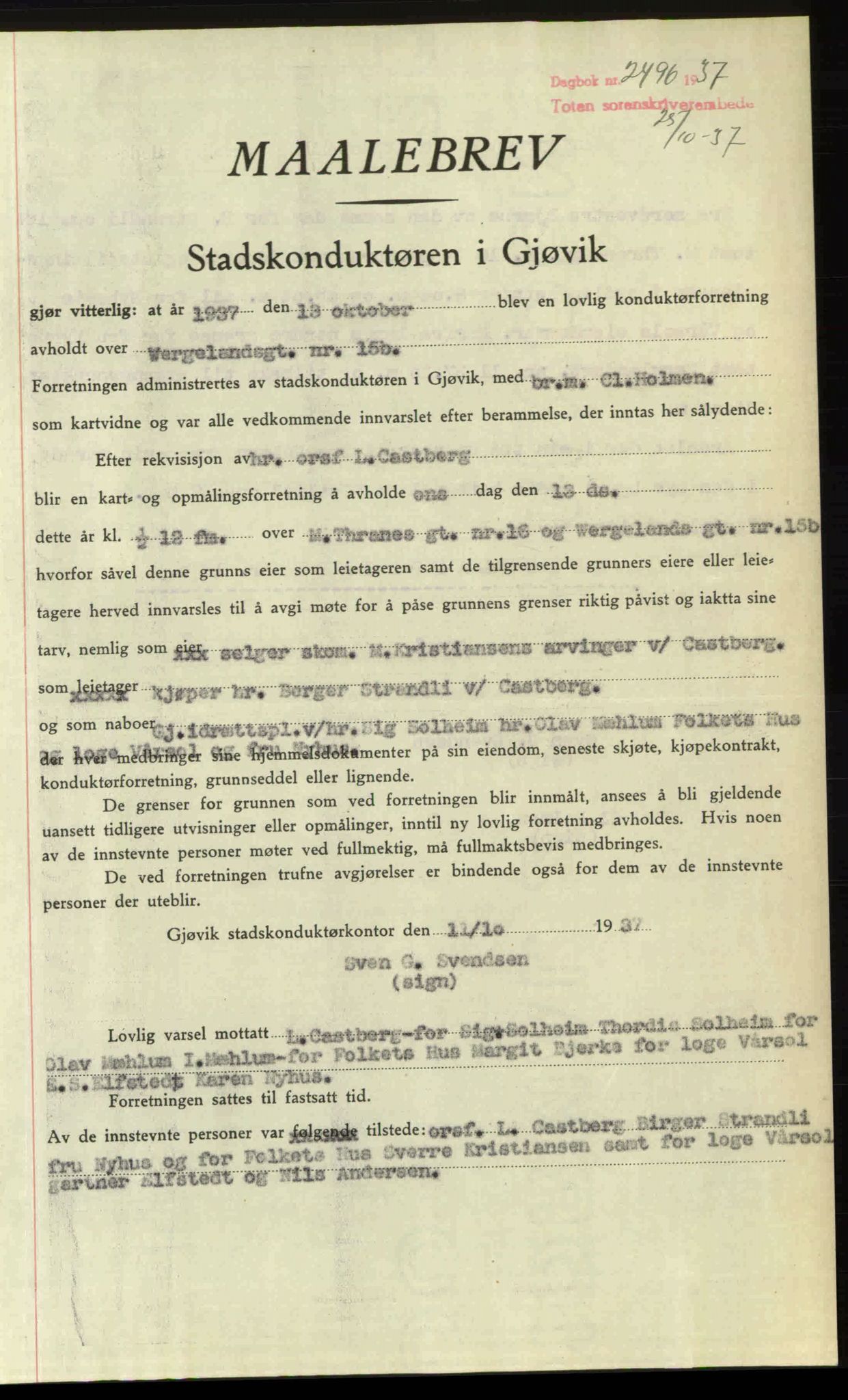 Toten tingrett, SAH/TING-006/H/Hb/Hbc/L0003: Mortgage book no. Hbc-03, 1937-1938, Diary no: : 2496/1937