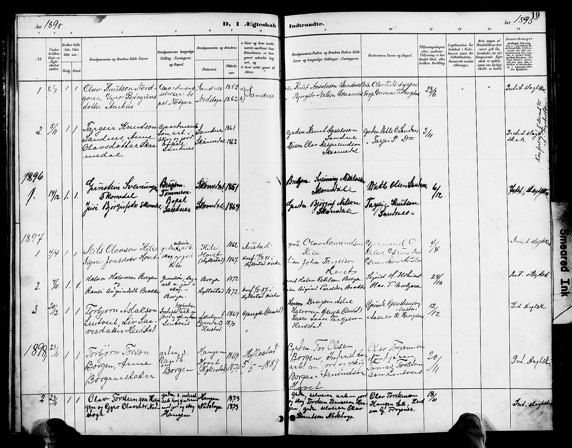 Bygland sokneprestkontor, SAK/1111-0006/F/Fb/Fbc/L0002: Parish register (copy) no. B 2, 1895-1916, p. 19