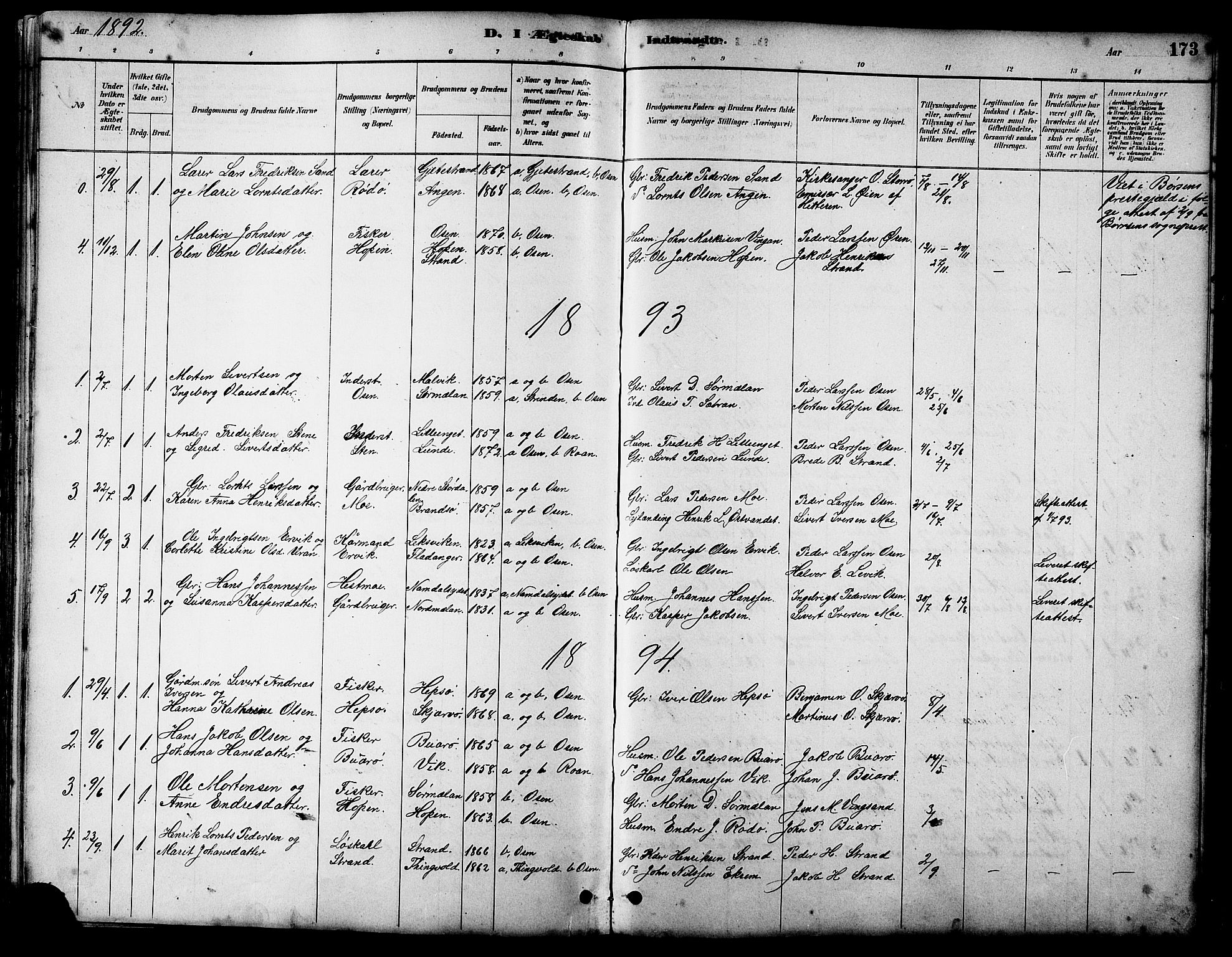 Ministerialprotokoller, klokkerbøker og fødselsregistre - Sør-Trøndelag, AV/SAT-A-1456/658/L0726: Parish register (copy) no. 658C02, 1883-1908, p. 173