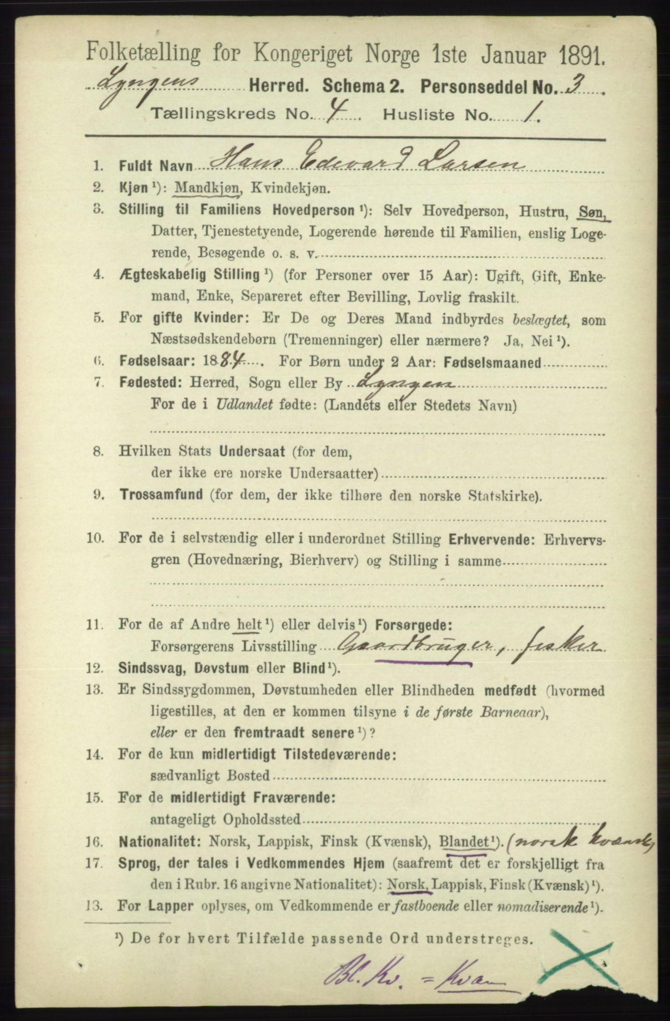 RA, 1891 census for 1938 Lyngen, 1891, p. 3669