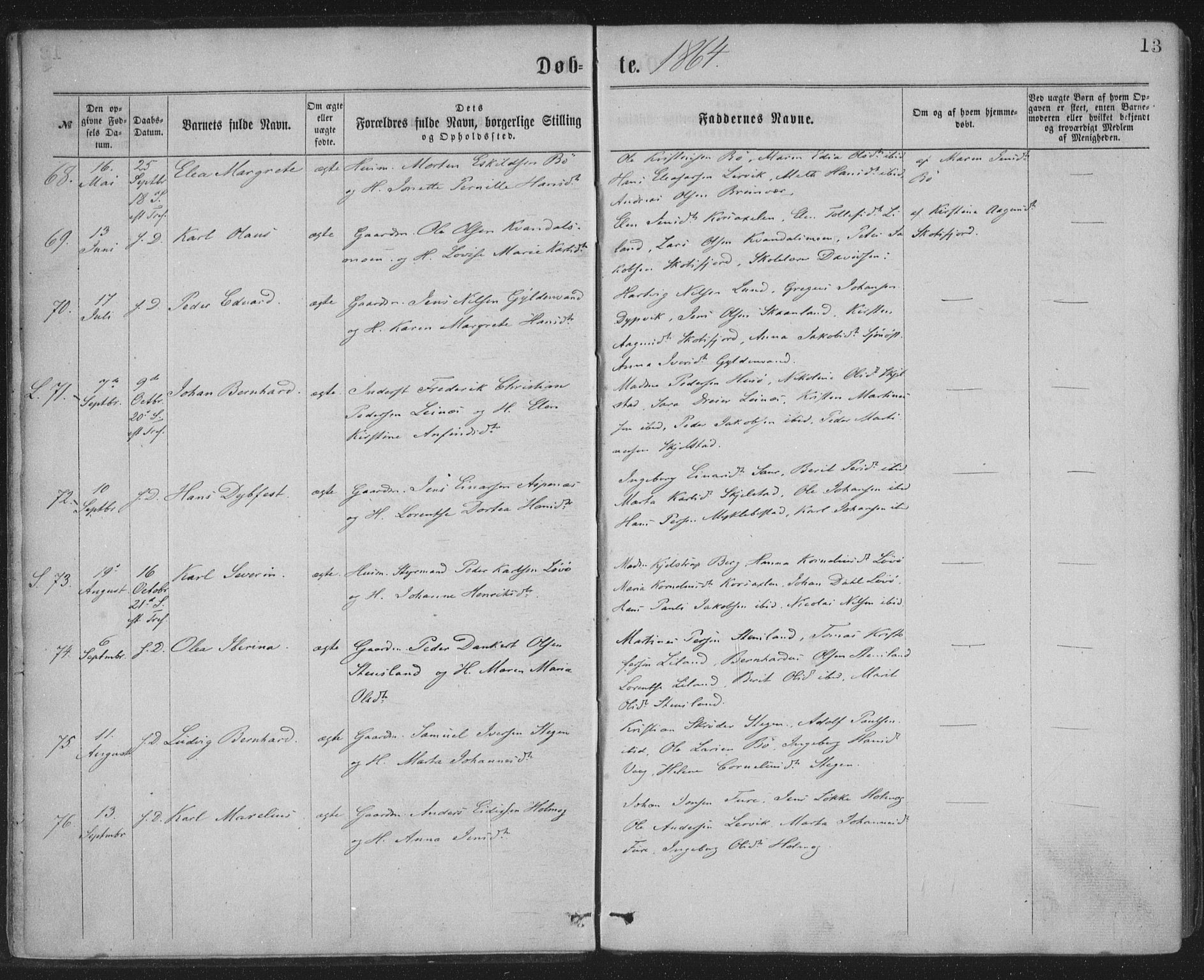 Ministerialprotokoller, klokkerbøker og fødselsregistre - Nordland, AV/SAT-A-1459/855/L0801: Parish register (official) no. 855A09, 1864-1874, p. 13