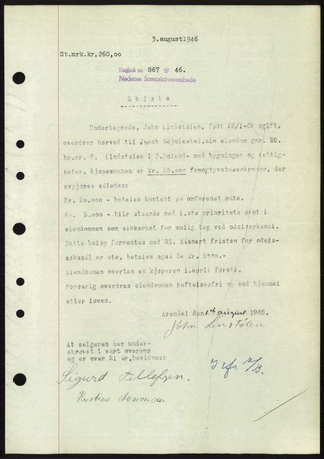 Nedenes sorenskriveri, AV/SAK-1221-0006/G/Gb/Gba/L0055: Mortgage book no. A7, 1946-1946, Diary no: : 867/1946