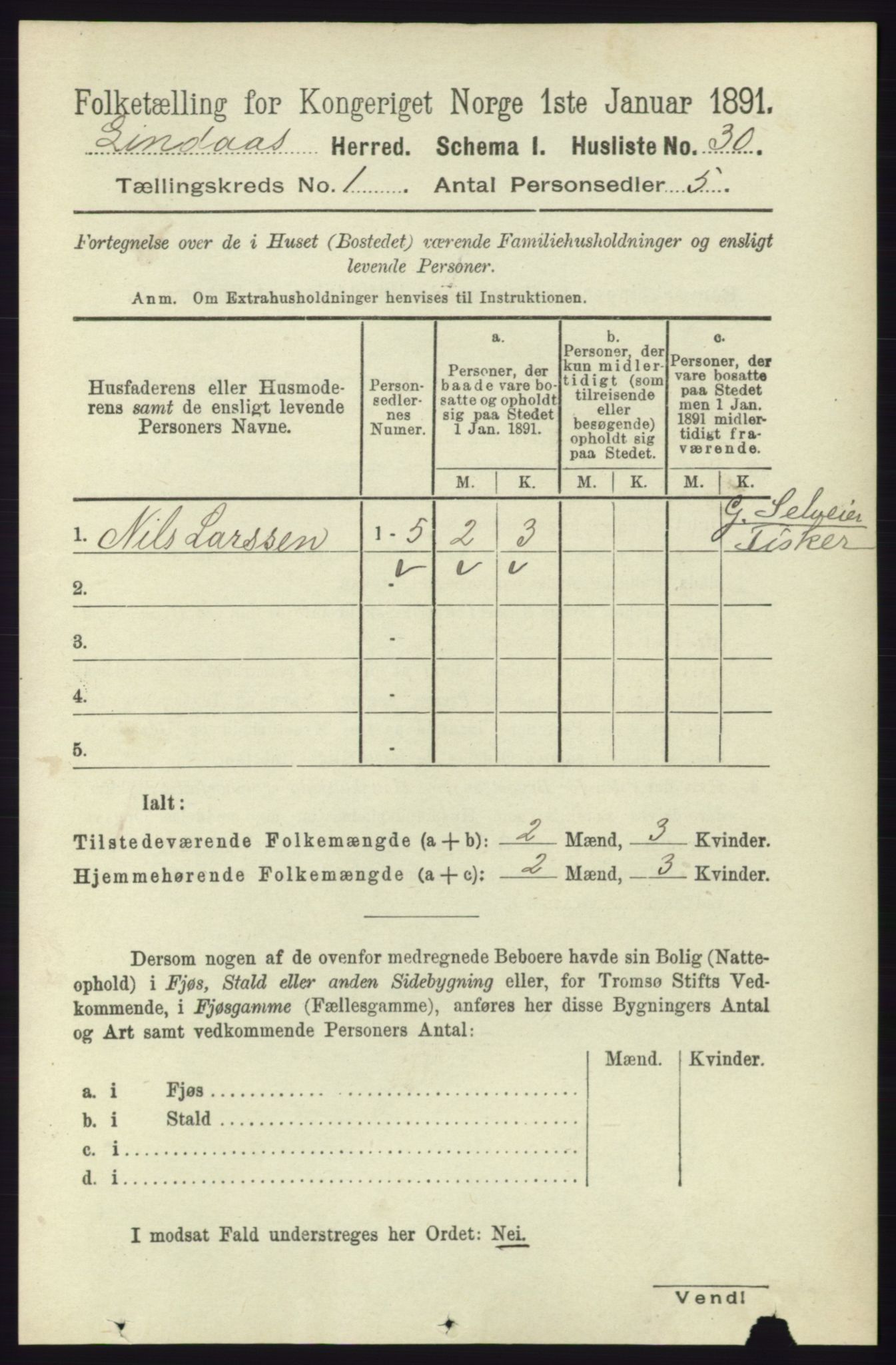 RA, 1891 census for 1263 Lindås, 1891, p. 76