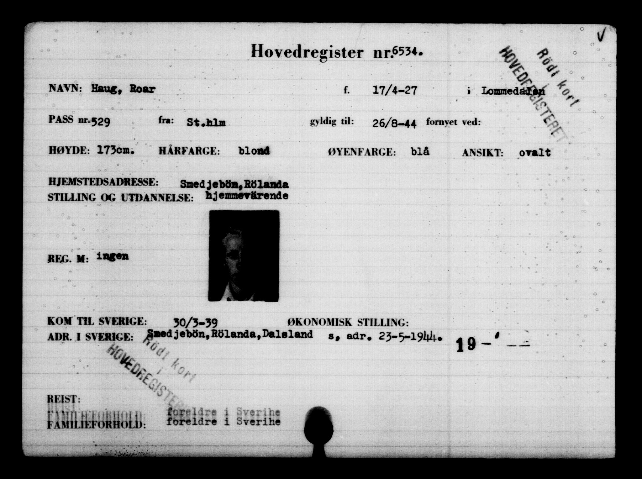Utenriksstasjonene, Legasjonen i Stockholm, Flyktningkontoret, AV/RA-S-6753/V/Va/L0004: Kjesäterkartoteket, flyktninger med registreringsnr. 3496-6610, 1940-1945, p. 3594