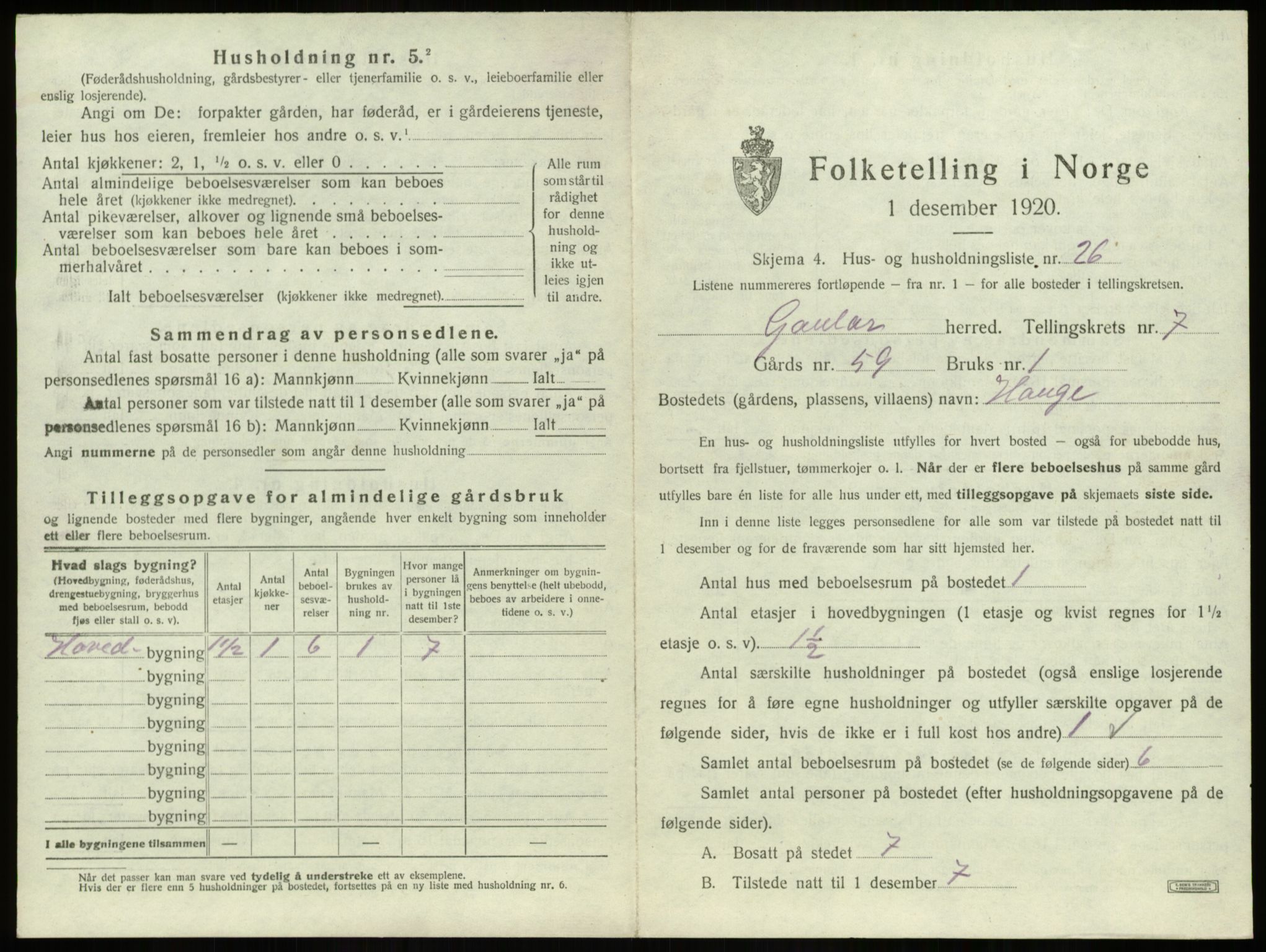 SAB, 1920 census for Gaular, 1920, p. 524