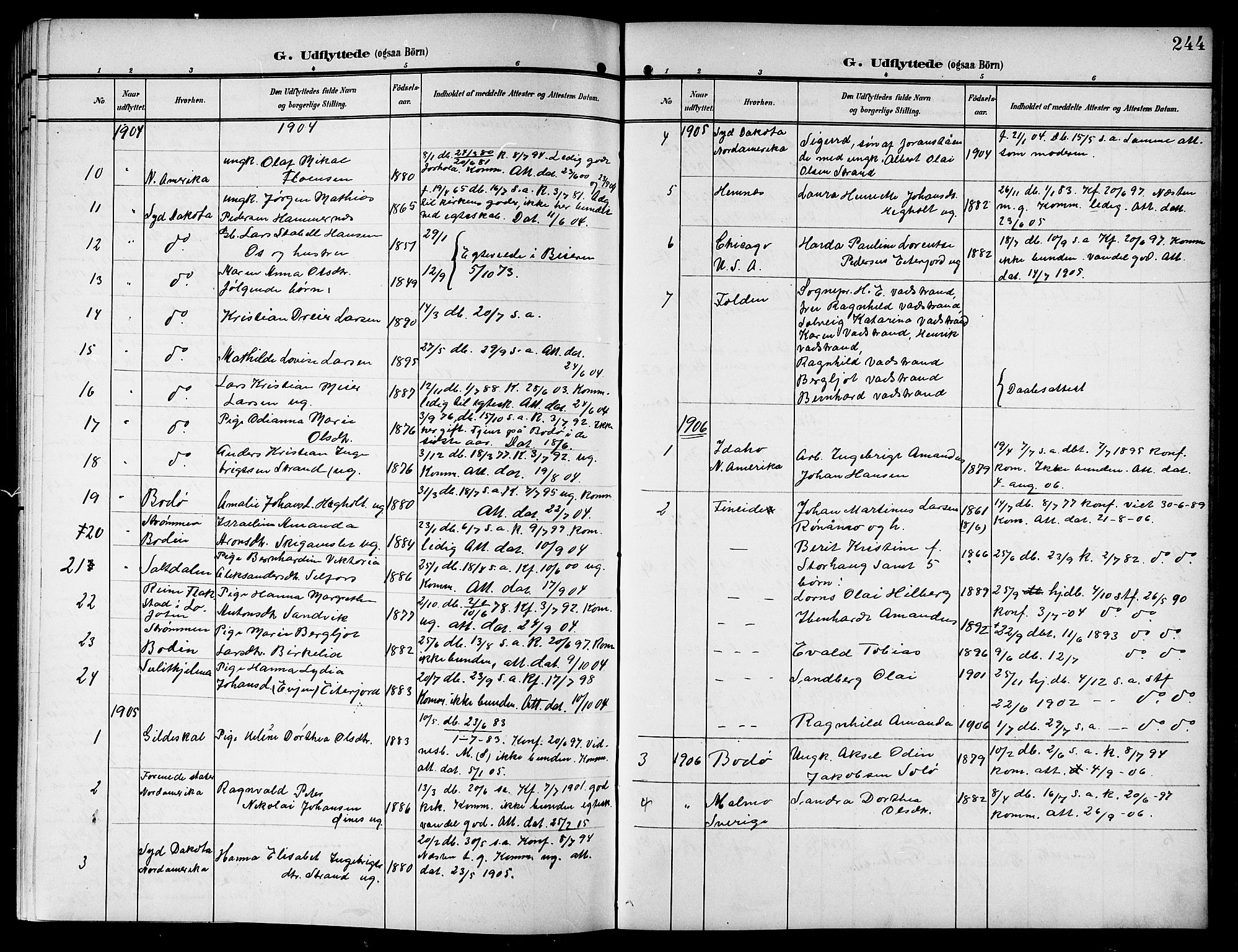 Ministerialprotokoller, klokkerbøker og fødselsregistre - Nordland, SAT/A-1459/846/L0655: Parish register (copy) no. 846C05, 1902-1916, p. 244