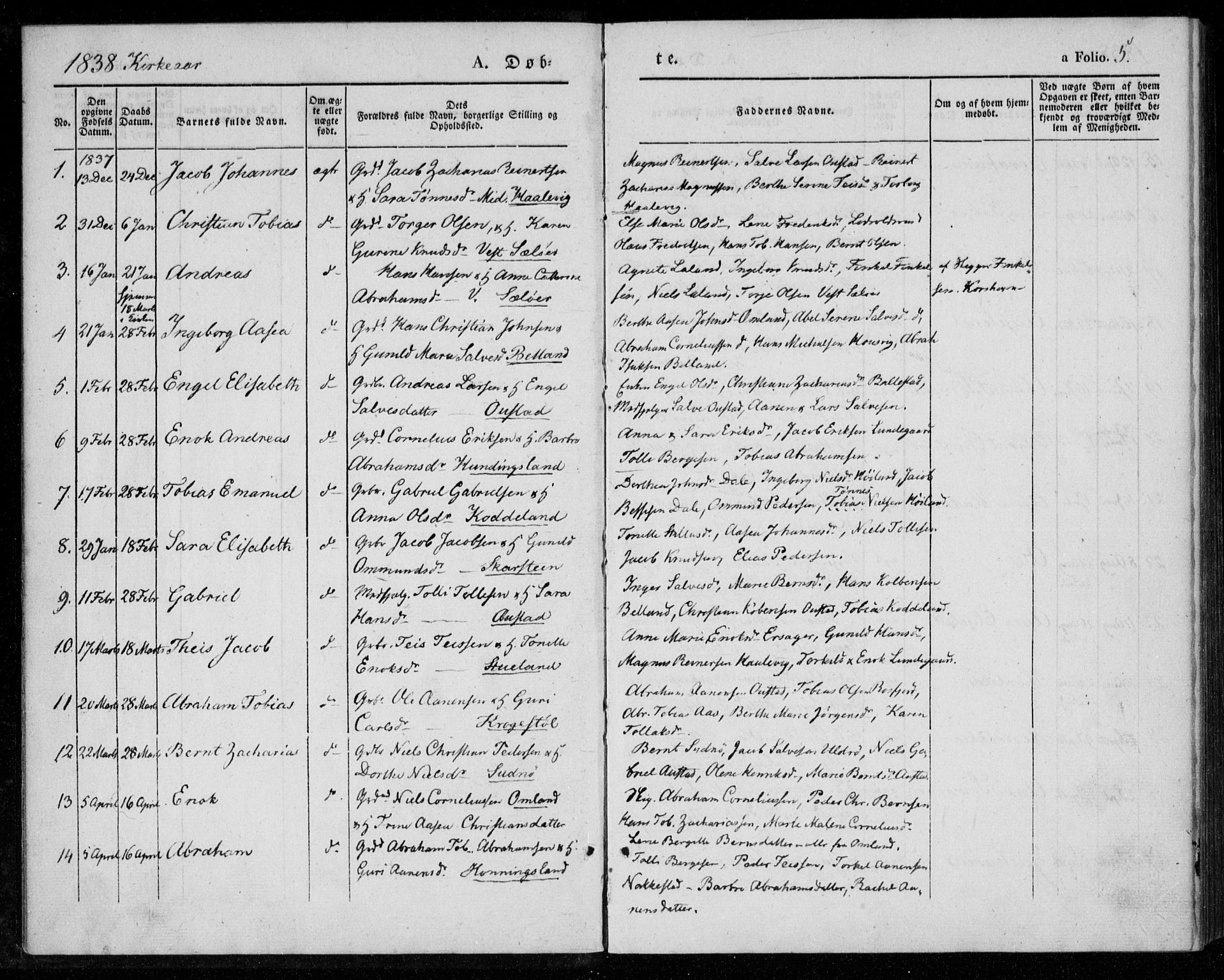 Lyngdal sokneprestkontor, AV/SAK-1111-0029/F/Fa/Faa/L0001: Parish register (official) no. A 1, 1837-1857, p. 5