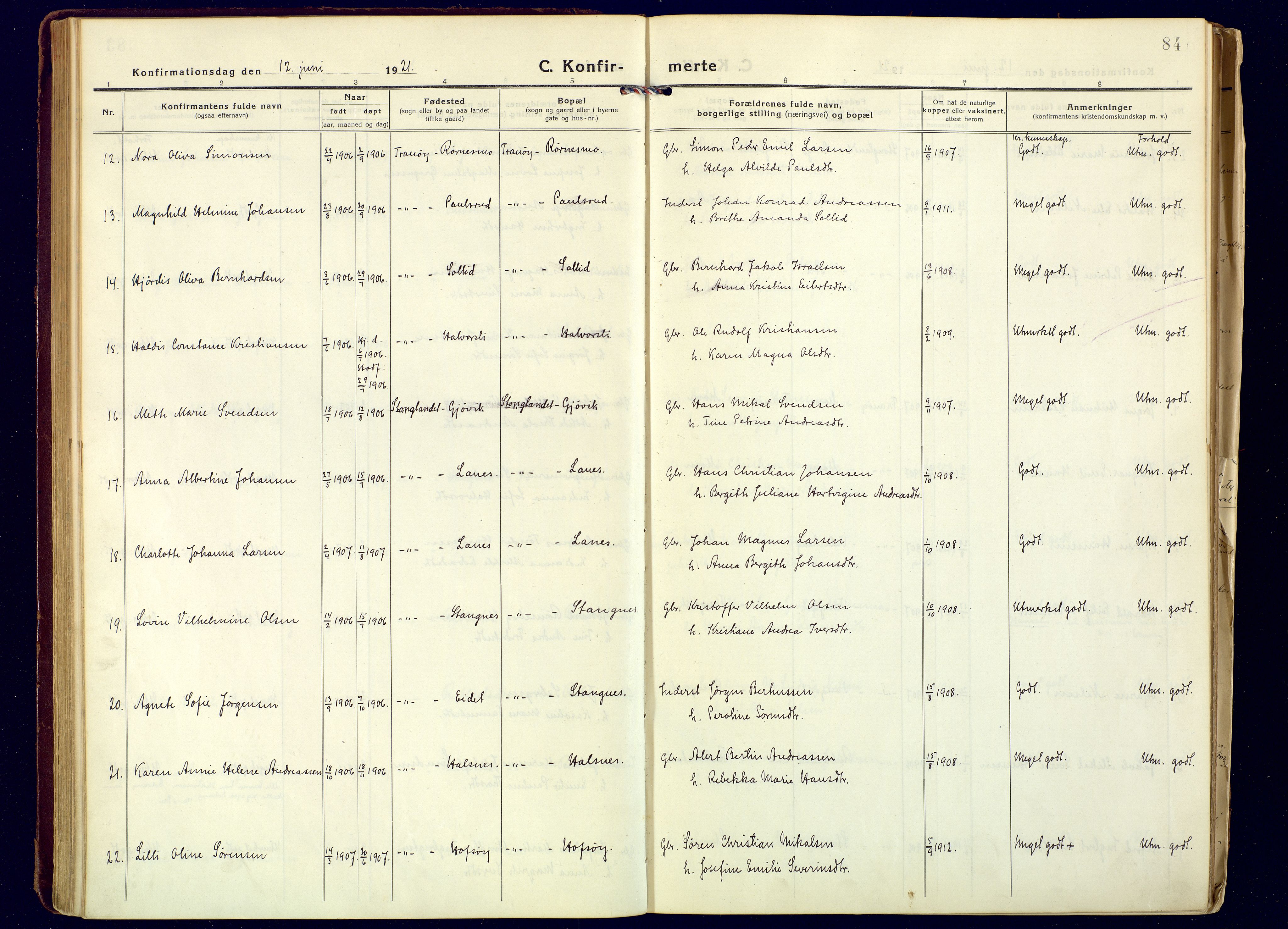 Tranøy sokneprestkontor, AV/SATØ-S-1313/I/Ia/Iaa/L0016kirke: Parish register (official) no. 16, 1919-1932, p. 84