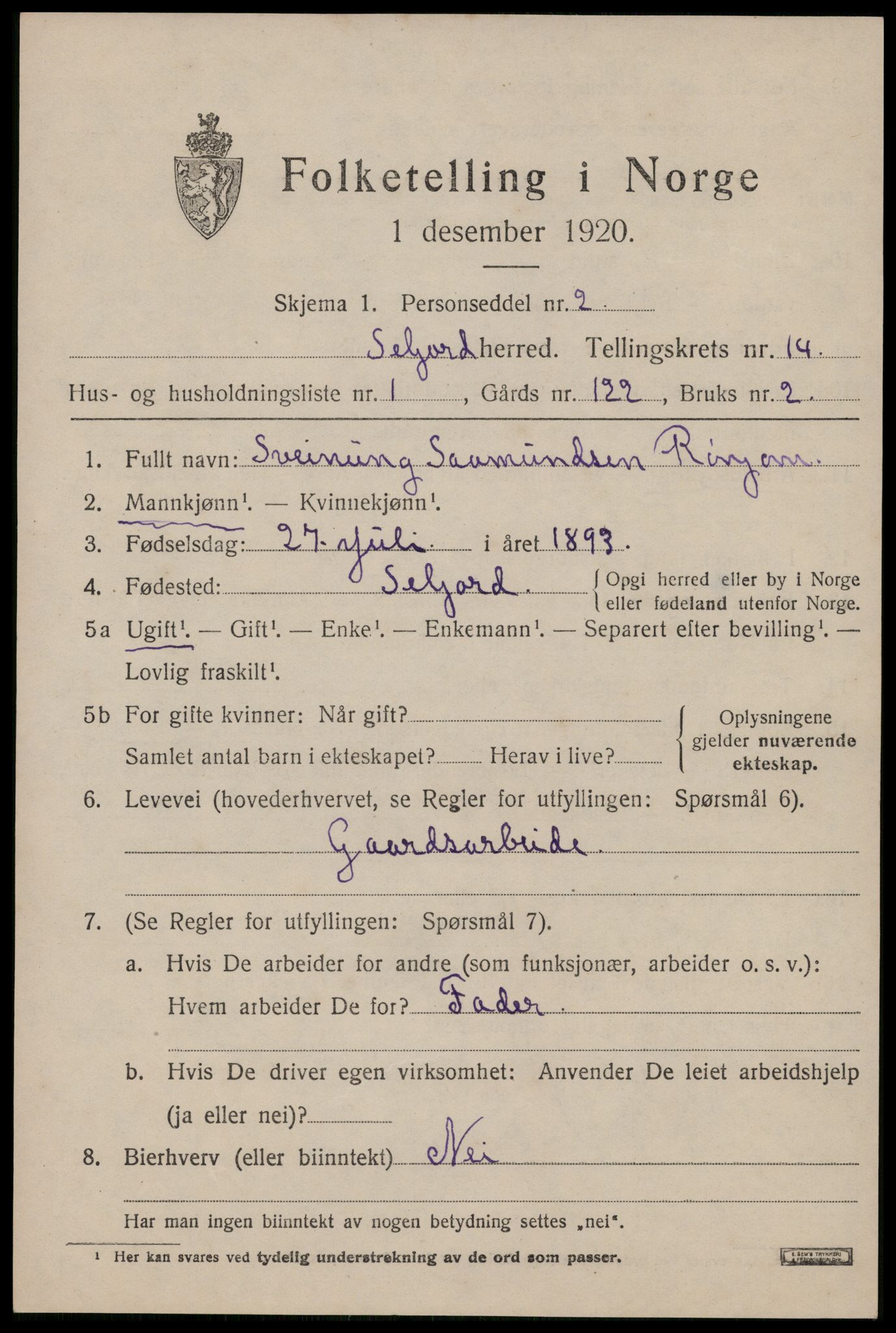 SAKO, 1920 census for Seljord, 1920, p. 6154