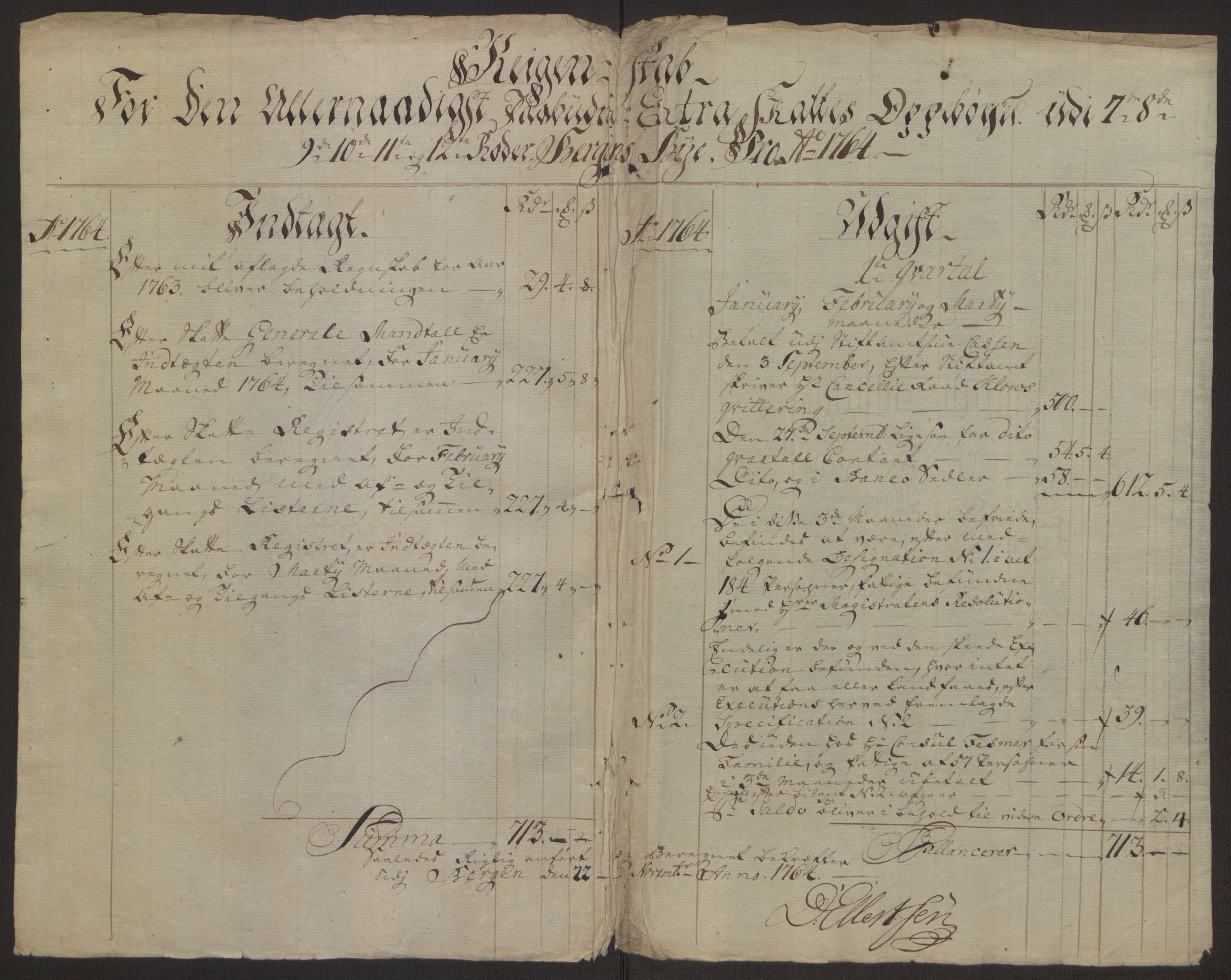 Rentekammeret inntil 1814, Reviderte regnskaper, Byregnskaper, RA/EA-4066/R/Rp/L0367/0001: [P21] Kontribusjonsregnskap / Ekstraskatt, 1764, p. 174