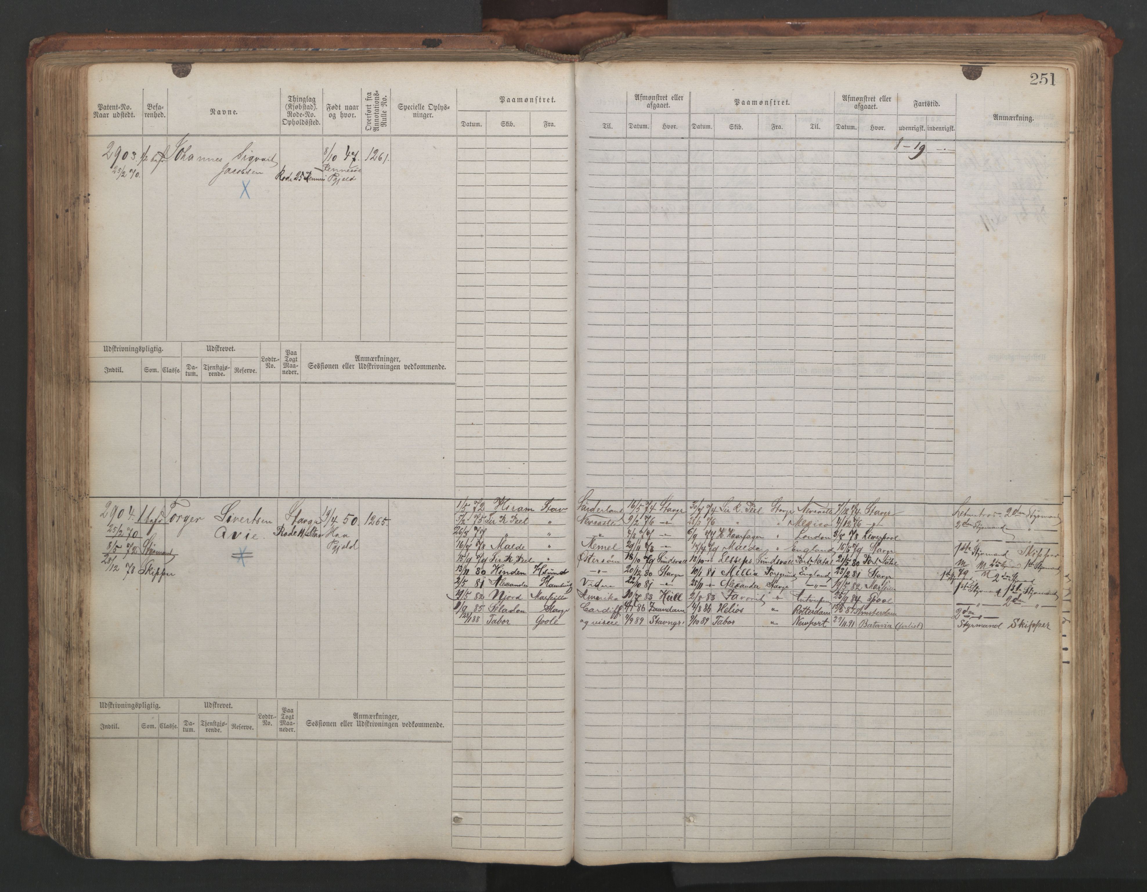 Stavanger sjømannskontor, SAST/A-102006/F/Fb/Fbb/L0007: Sjøfartshovedrulle, patentnr. 2403-3604, 1869-1880, p. 284