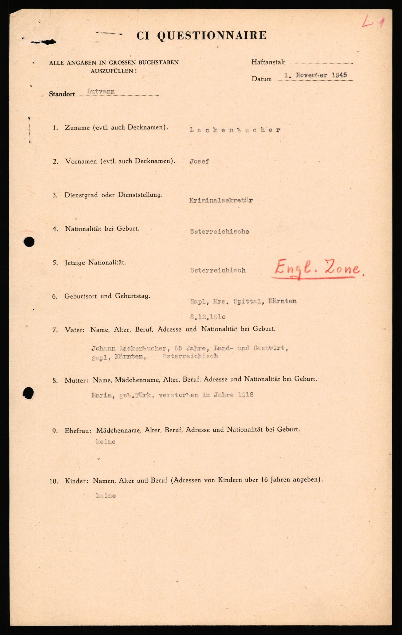Forsvaret, Forsvarets overkommando II, AV/RA-RAFA-3915/D/Db/L0039: CI Questionaires. Tyske okkupasjonsstyrker i Norge. Østerrikere., 1945-1946, p. 229