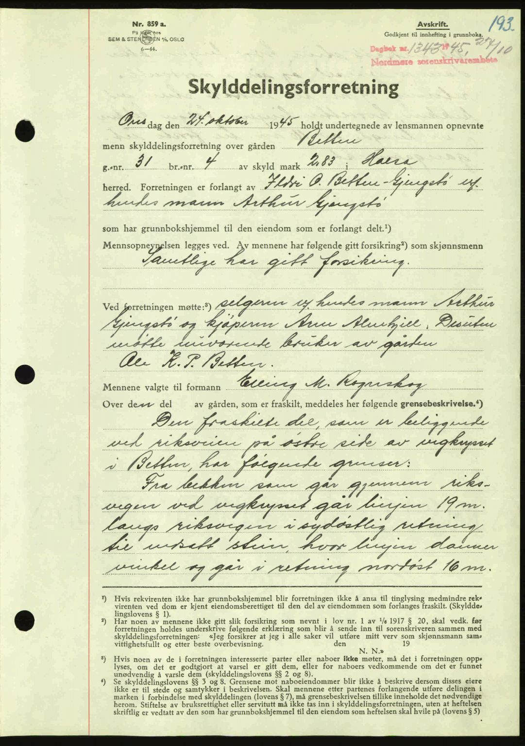 Nordmøre sorenskriveri, AV/SAT-A-4132/1/2/2Ca: Mortgage book no. A100a, 1945-1945, Diary no: : 1343/1945