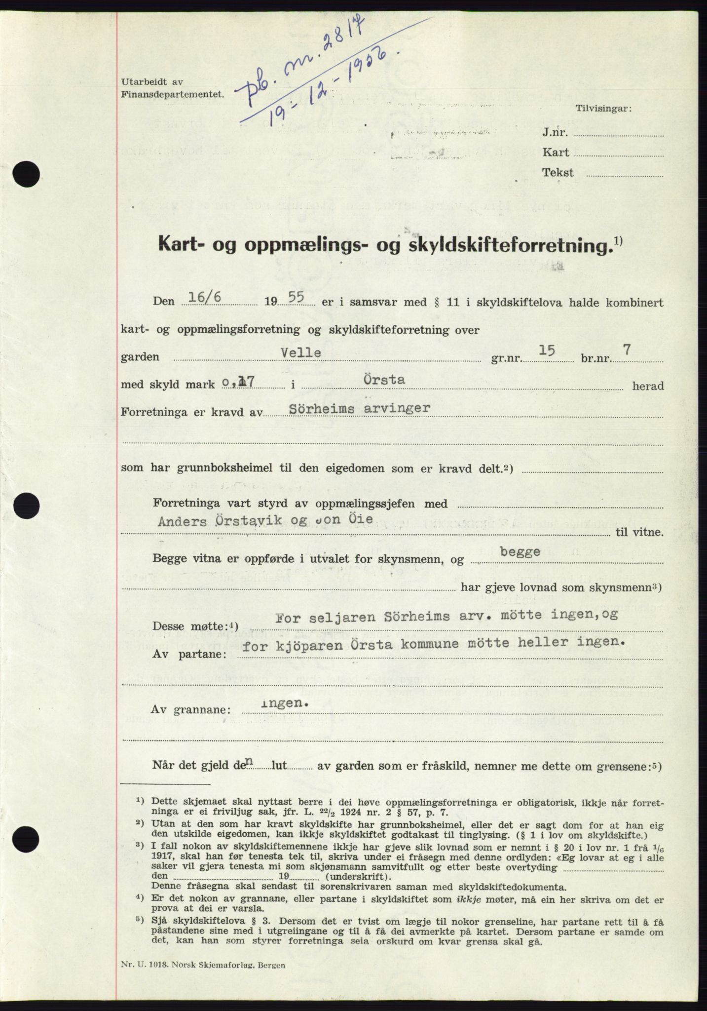 Søre Sunnmøre sorenskriveri, AV/SAT-A-4122/1/2/2C/L0105: Mortgage book no. 31A, 1956-1957, Diary no: : 2817/1956