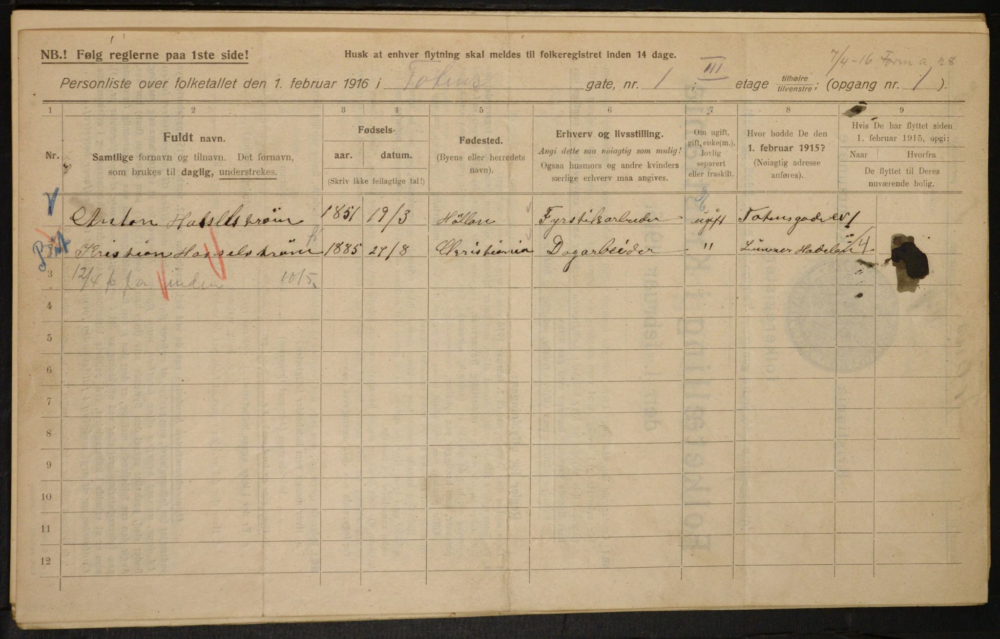 OBA, Municipal Census 1916 for Kristiania, 1916, p. 118524
