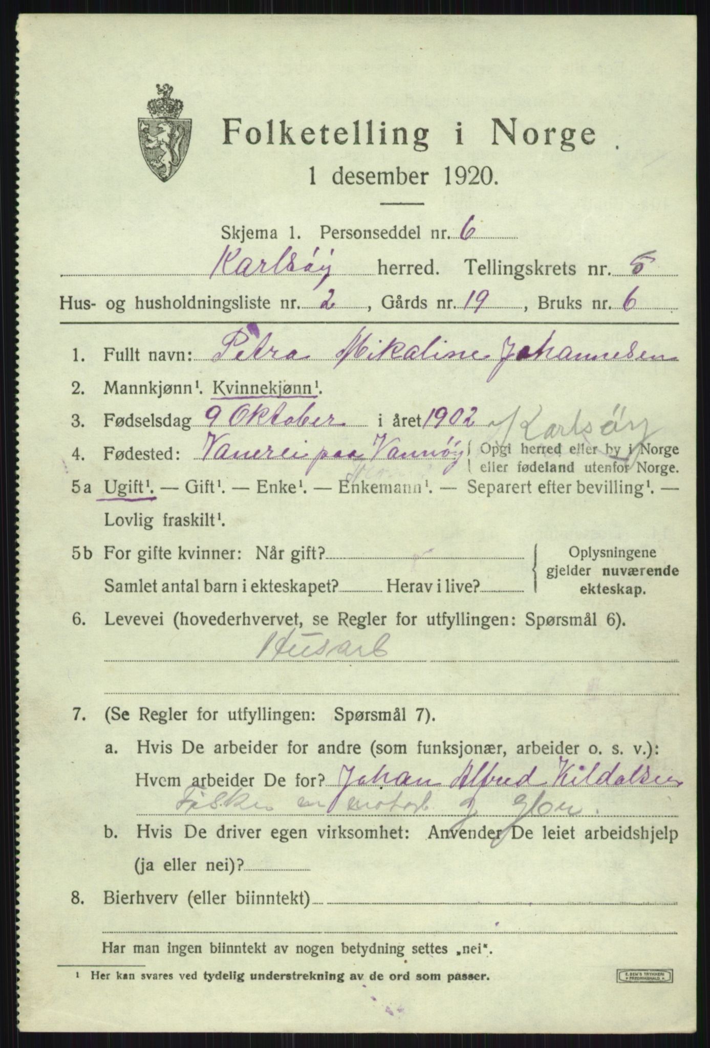 SATØ, 1920 census for Karlsøy, 1920, p. 2186