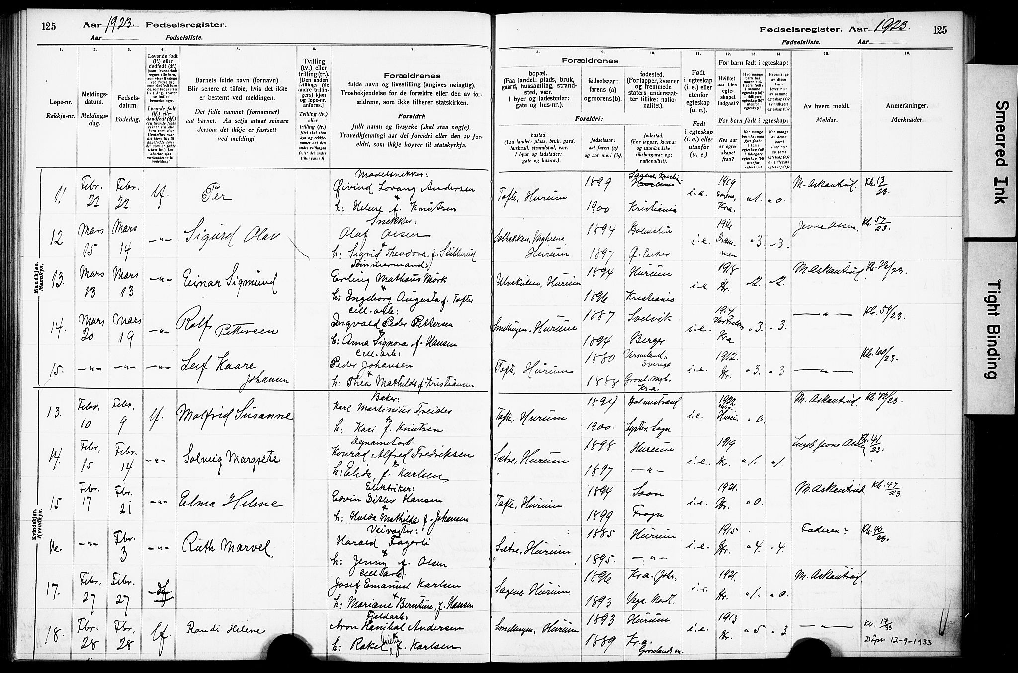 Hurum kirkebøker, AV/SAKO-A-229/J/Ja/L0001: Birth register no. 1, 1916-1928, p. 125