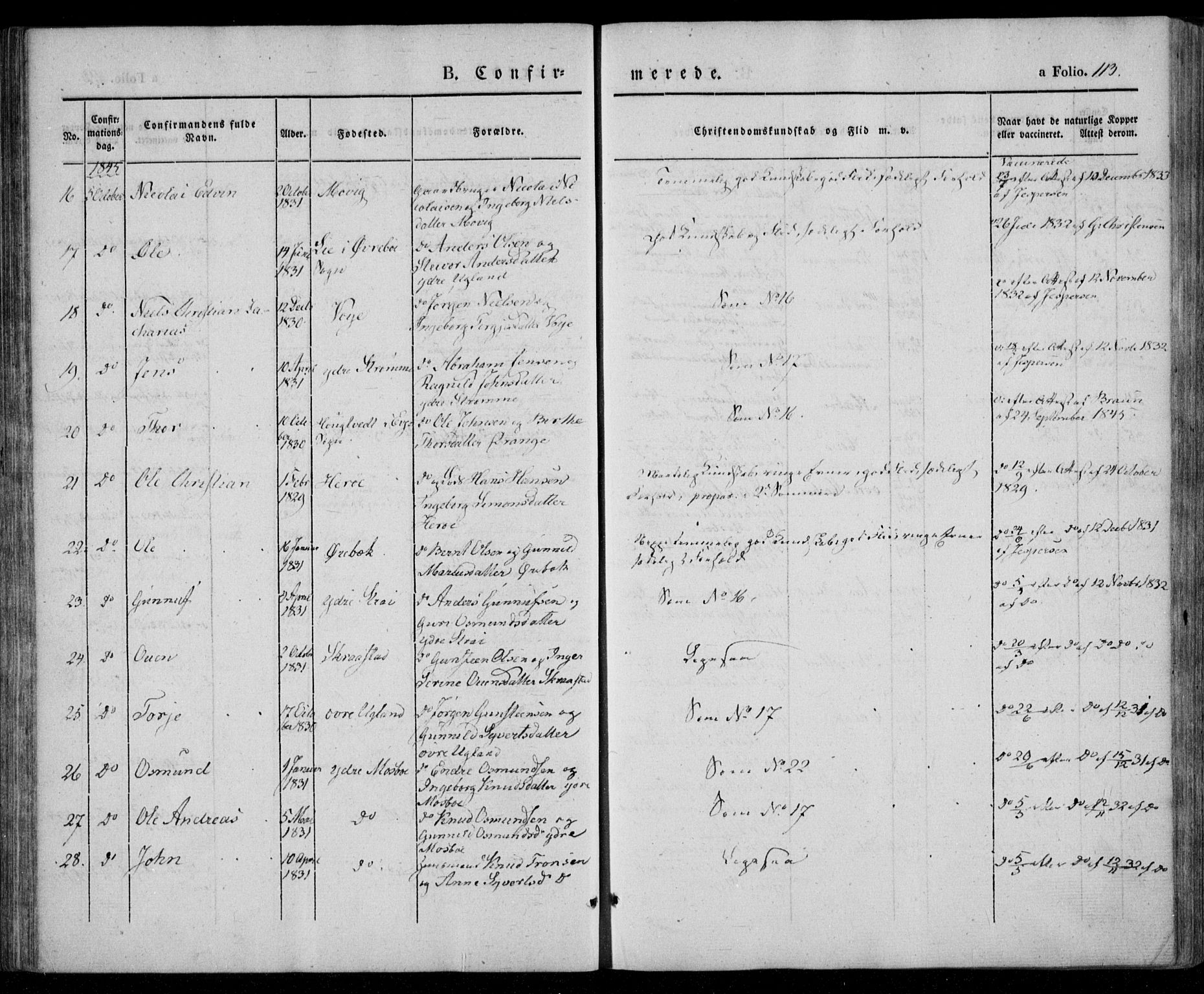 Oddernes sokneprestkontor, SAK/1111-0033/F/Fa/Faa/L0006: Parish register (official) no. A 6, 1838-1851, p. 113