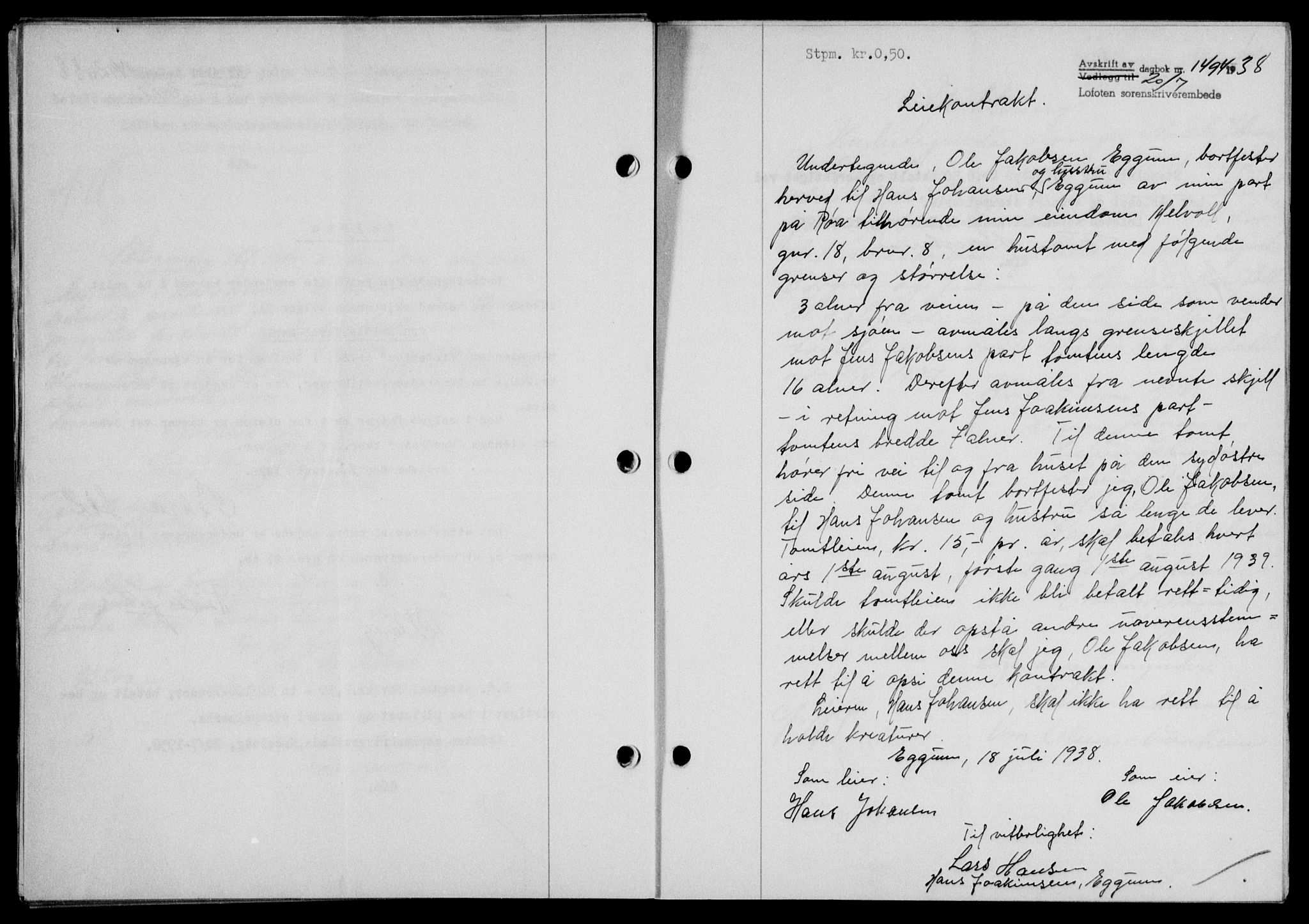 Lofoten sorenskriveri, SAT/A-0017/1/2/2C/L0004a: Mortgage book no. 4a, 1938-1938, Diary no: : 1494/1938