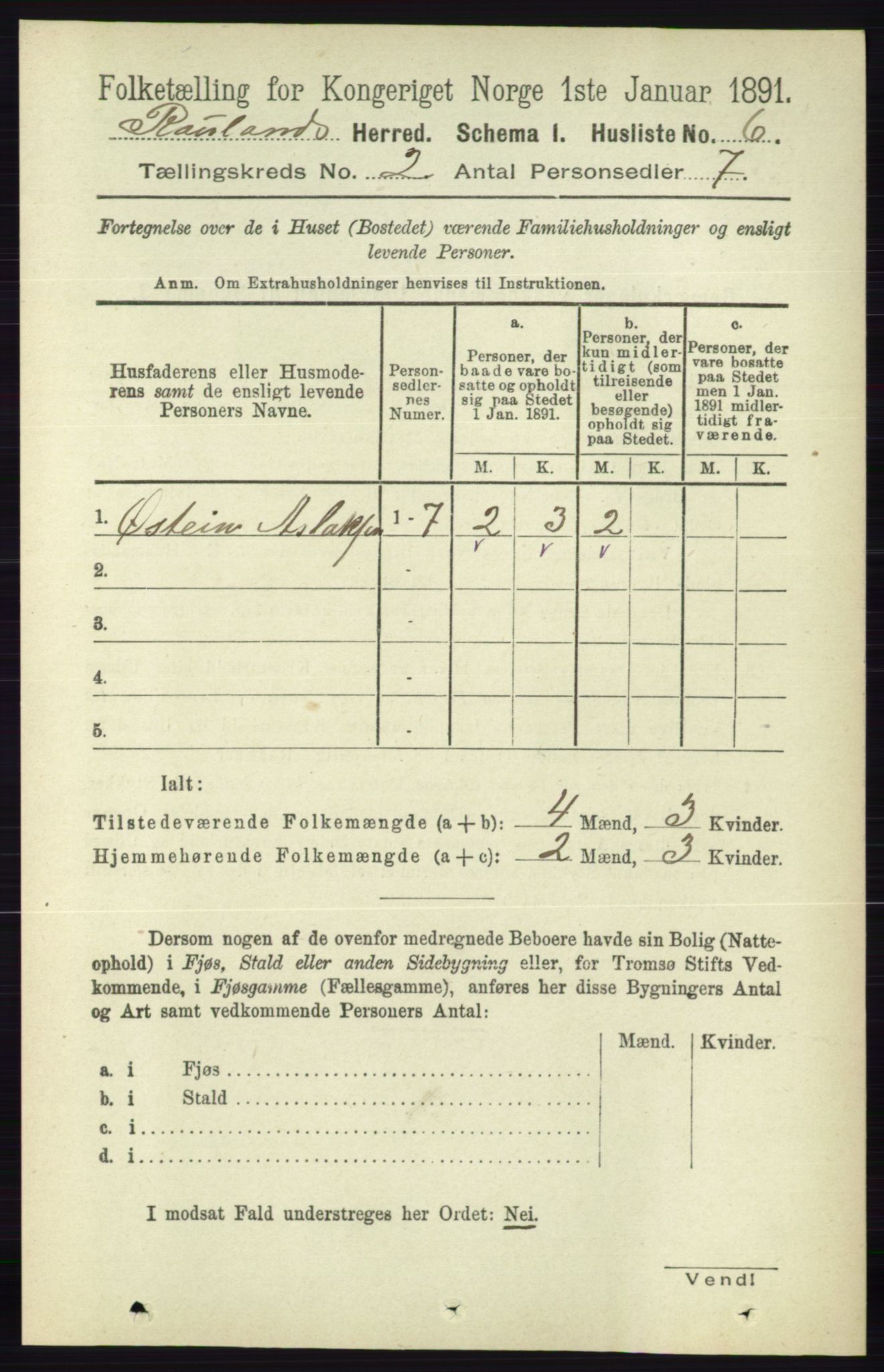 RA, 1891 census for 0835 Rauland, 1891, p. 187