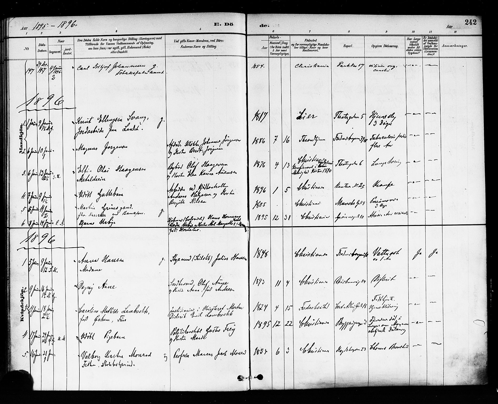 Trefoldighet prestekontor Kirkebøker, SAO/A-10882/F/Fd/L0003: Parish register (official) no. IV 3, 1885-1896, p. 242