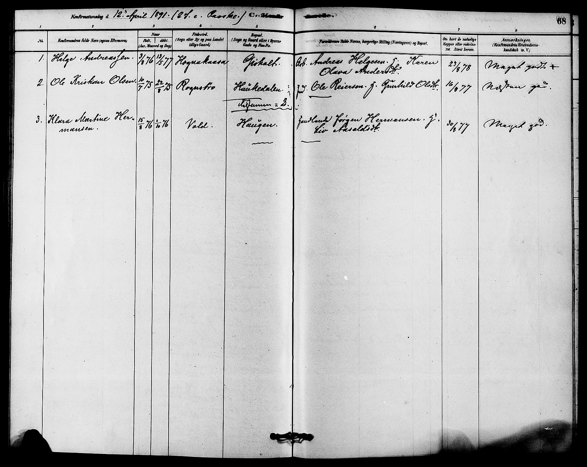 Solum kirkebøker, SAKO/A-306/F/Fc/L0001: Parish register (official) no. III 1, 1877-1891, p. 68
