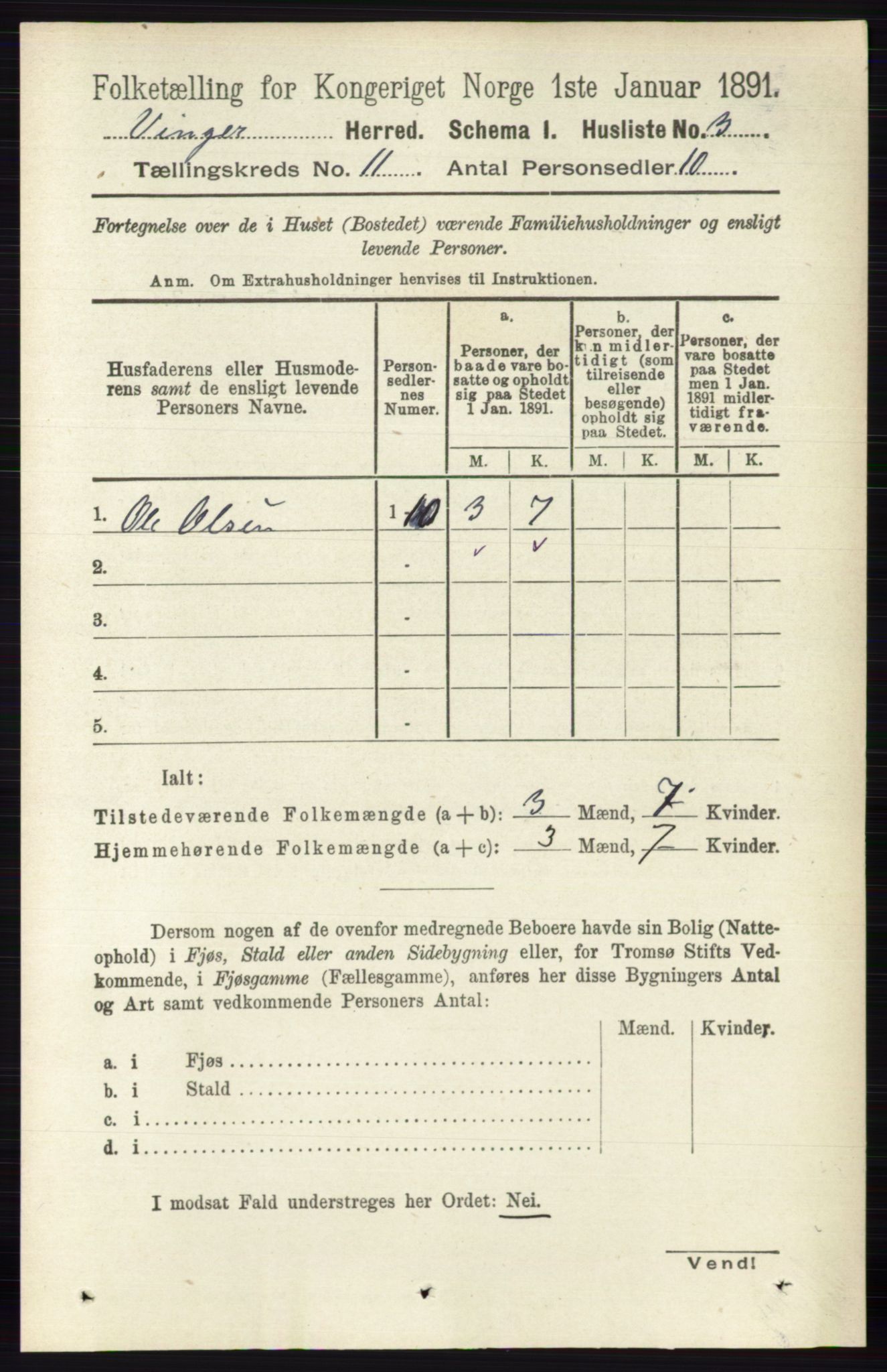 RA, 1891 census for 0421 Vinger, 1891, p. 5284