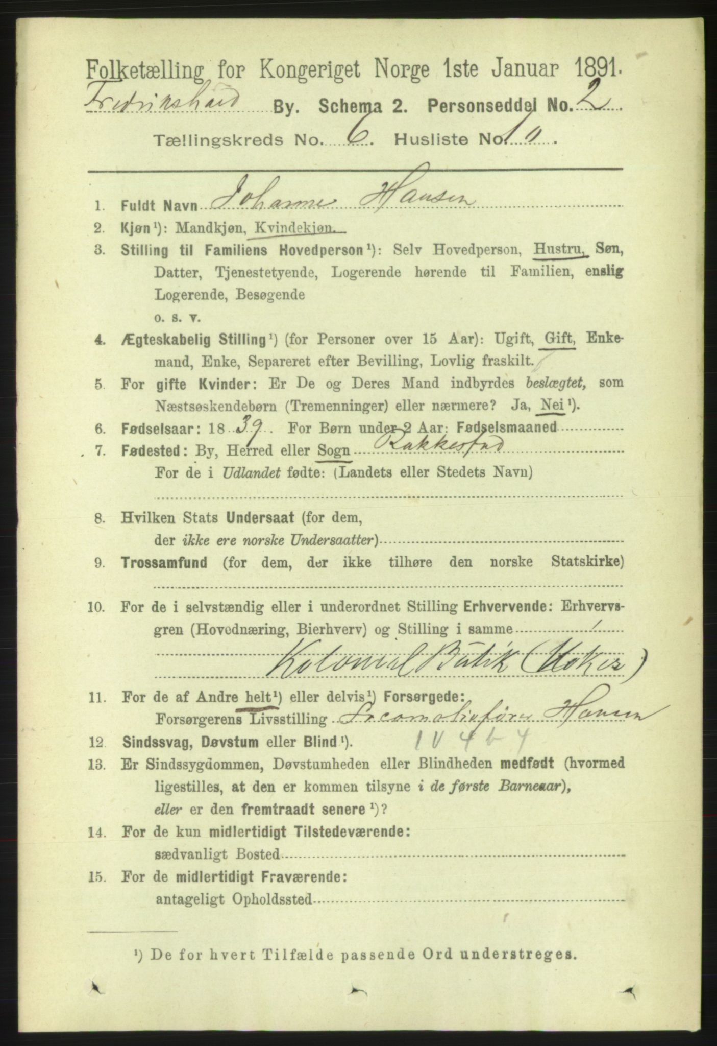 RA, 1891 census for 0101 Fredrikshald, 1891, p. 4637