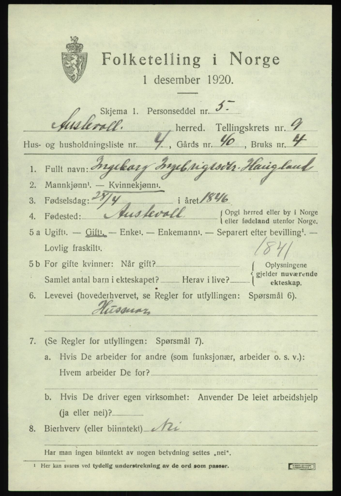 SAB, 1920 census for Austevoll, 1920, p. 4794