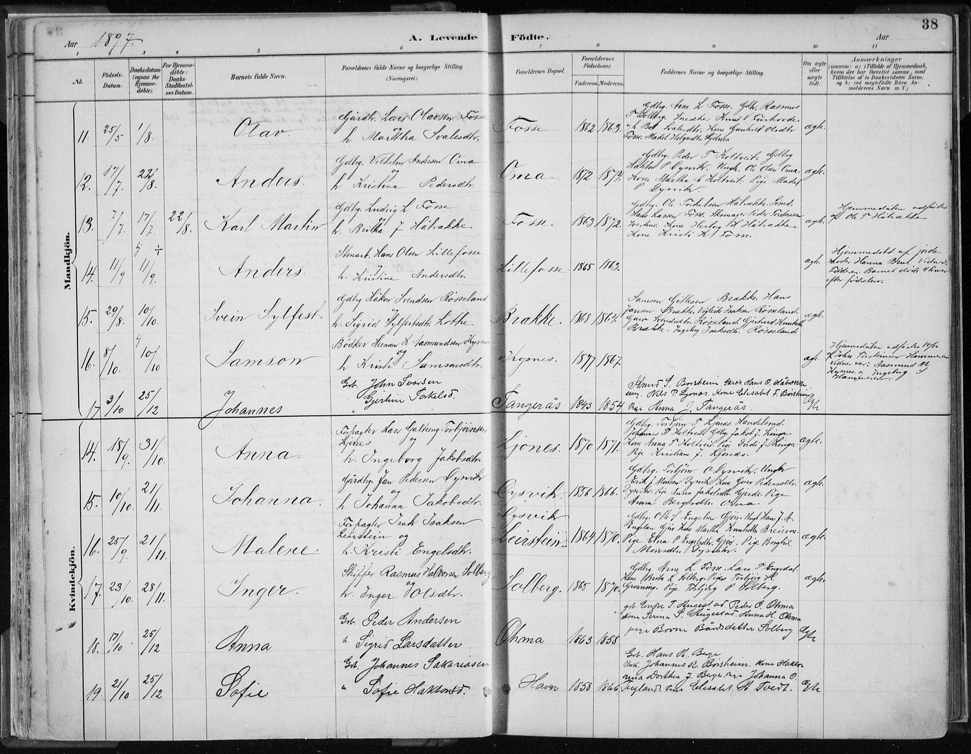 Strandebarm sokneprestembete, AV/SAB-A-78401/H/Haa: Parish register (official) no. B  1, 1886-1908, p. 38